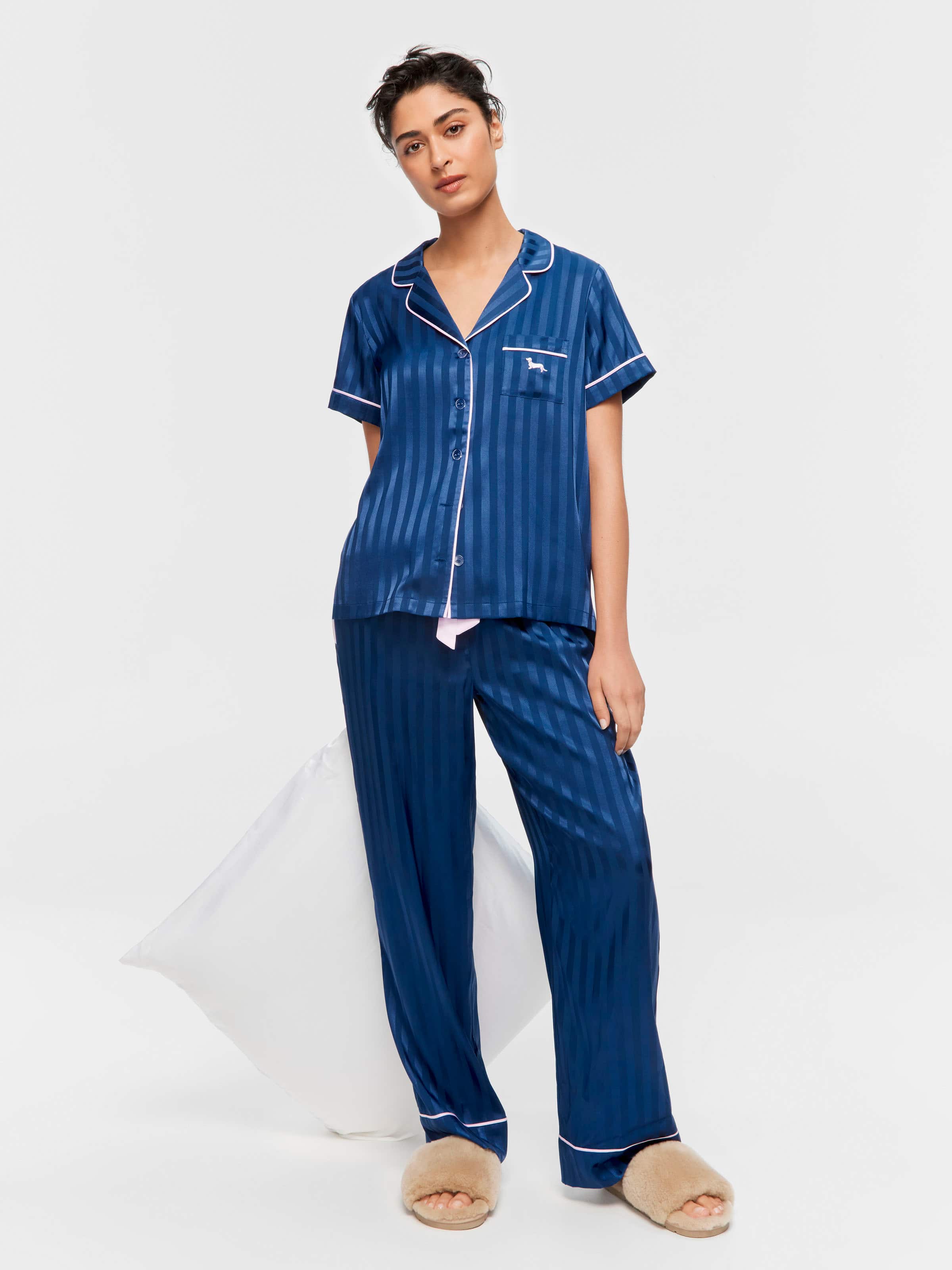 Navy Stripe Chic Satin Short Sleeve & Bottom Pj Set