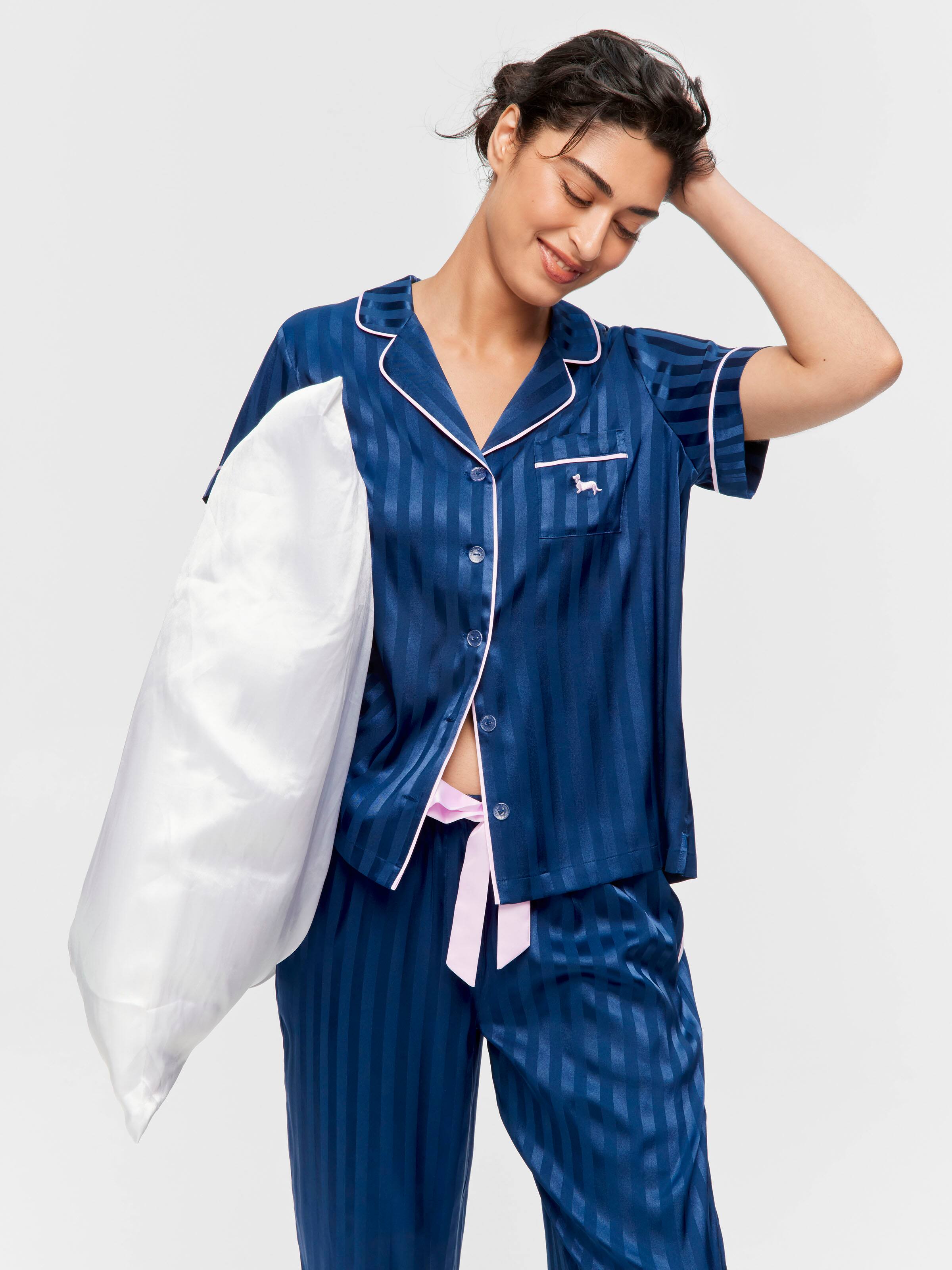 Navy Stripe Chic Satin Short Sleeve & Bottom Pj Set