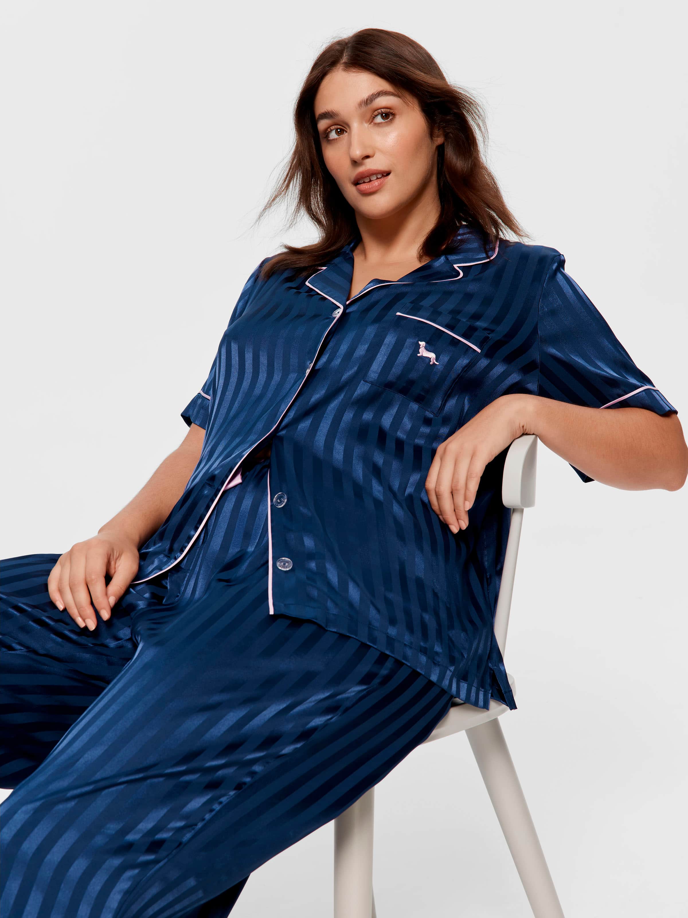 P.A. Plus Navy Stripe Chic Satin Short Sleeve & Pant Pj Set