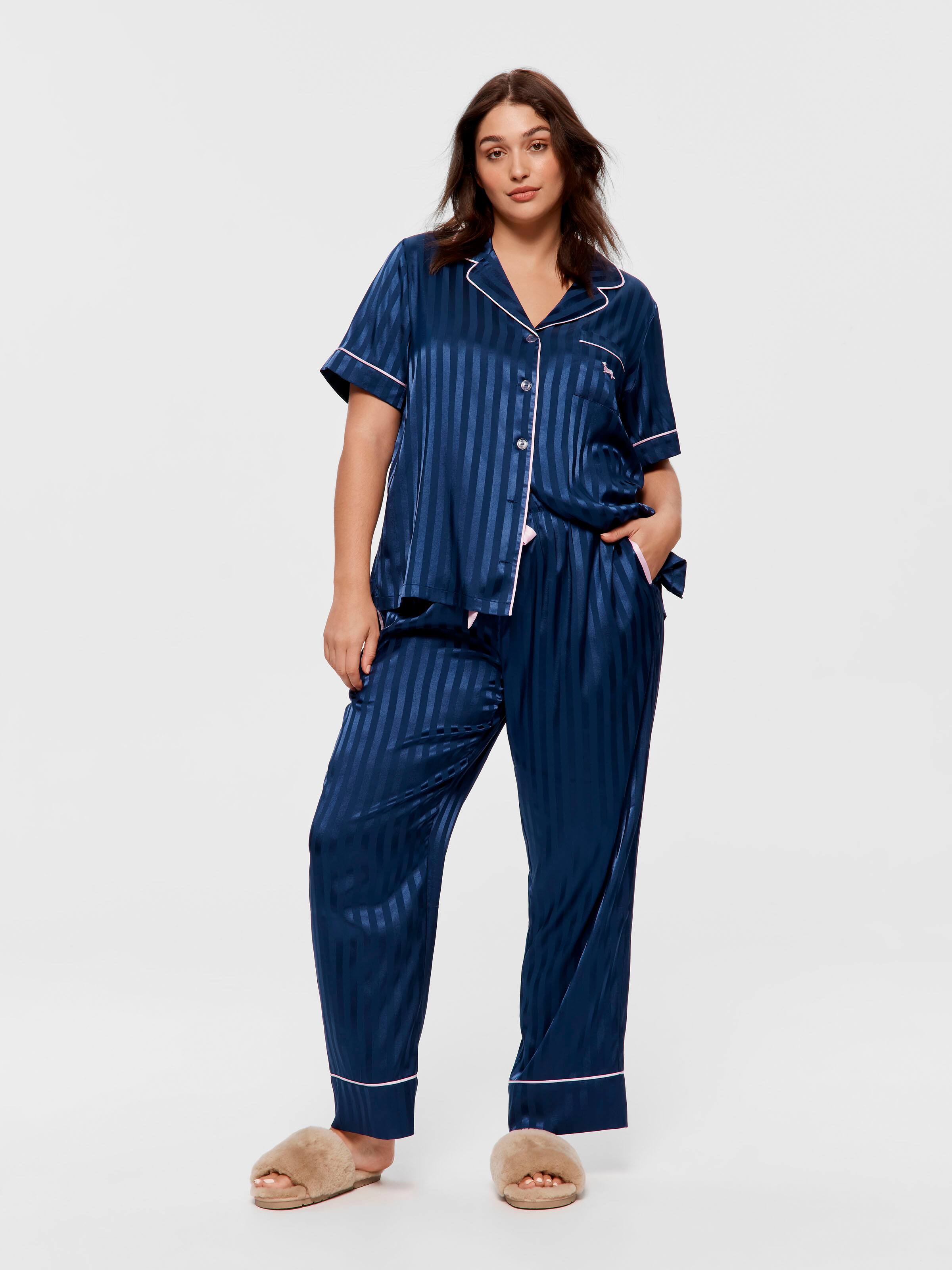 P.A. Plus Navy Stripe Chic Satin Short Sleeve & Pant Pj Set