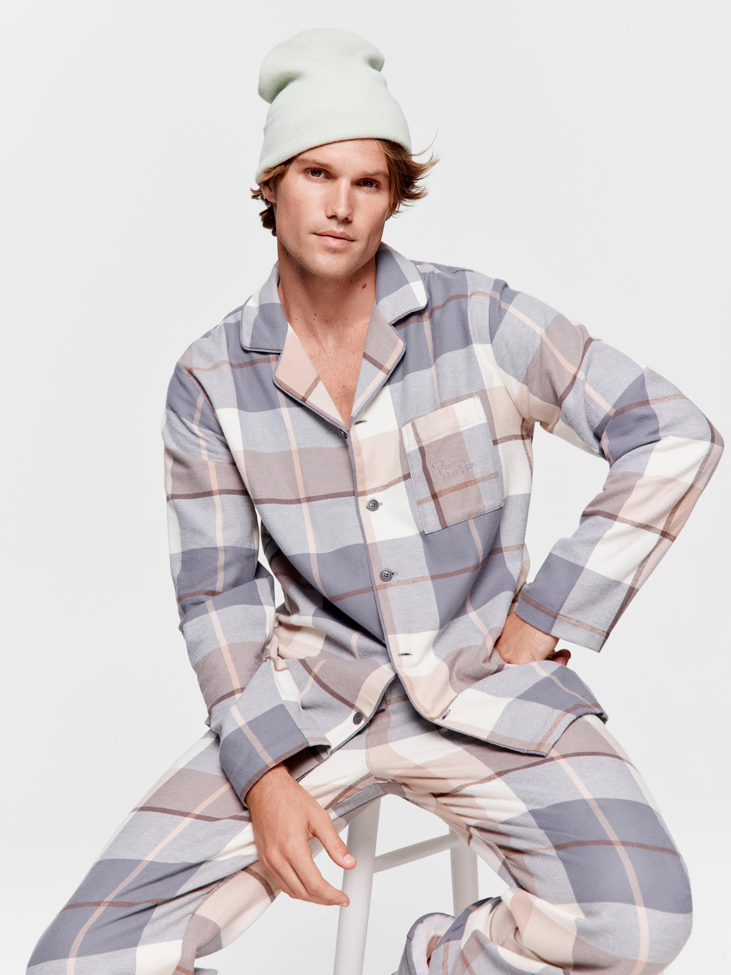 Grey Check Flannelette Long Sleeve Pj Set