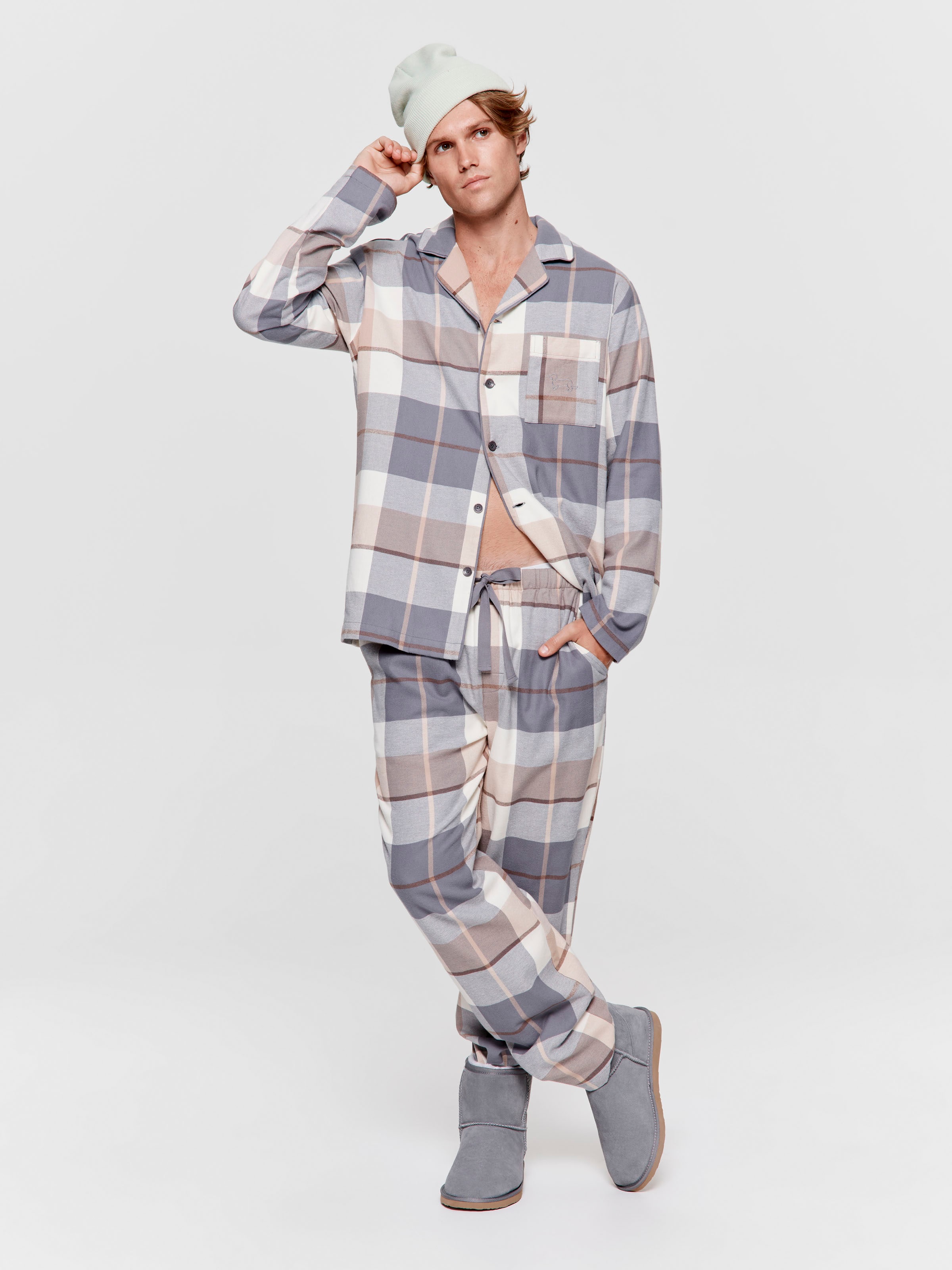 Grey Check Flannelette Long Sleeve Pj Set