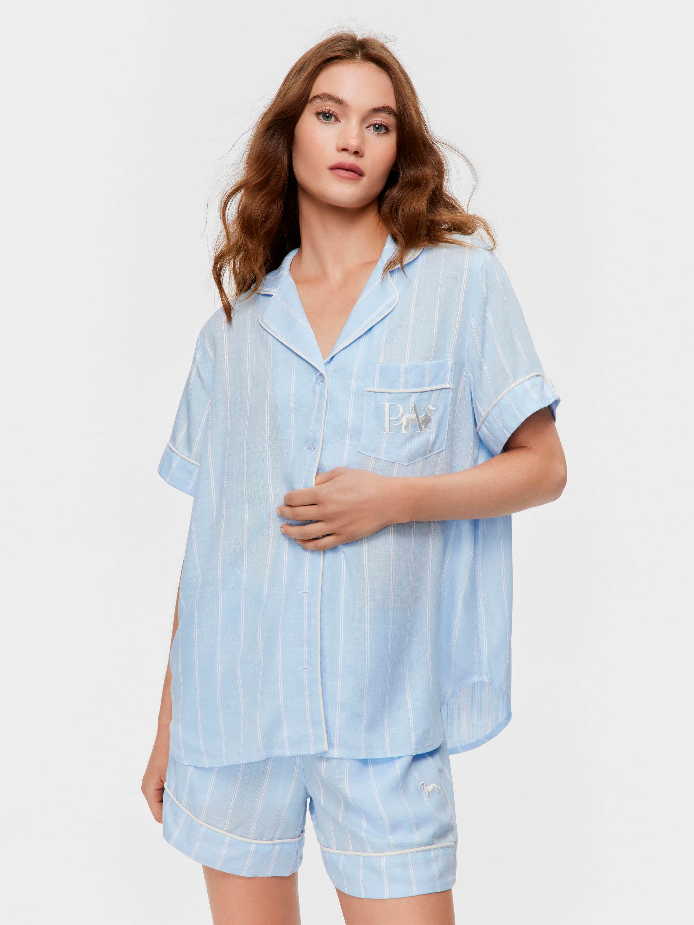 Light Blue Stripe 100% Textured Viscose Short Sleeve Shirt