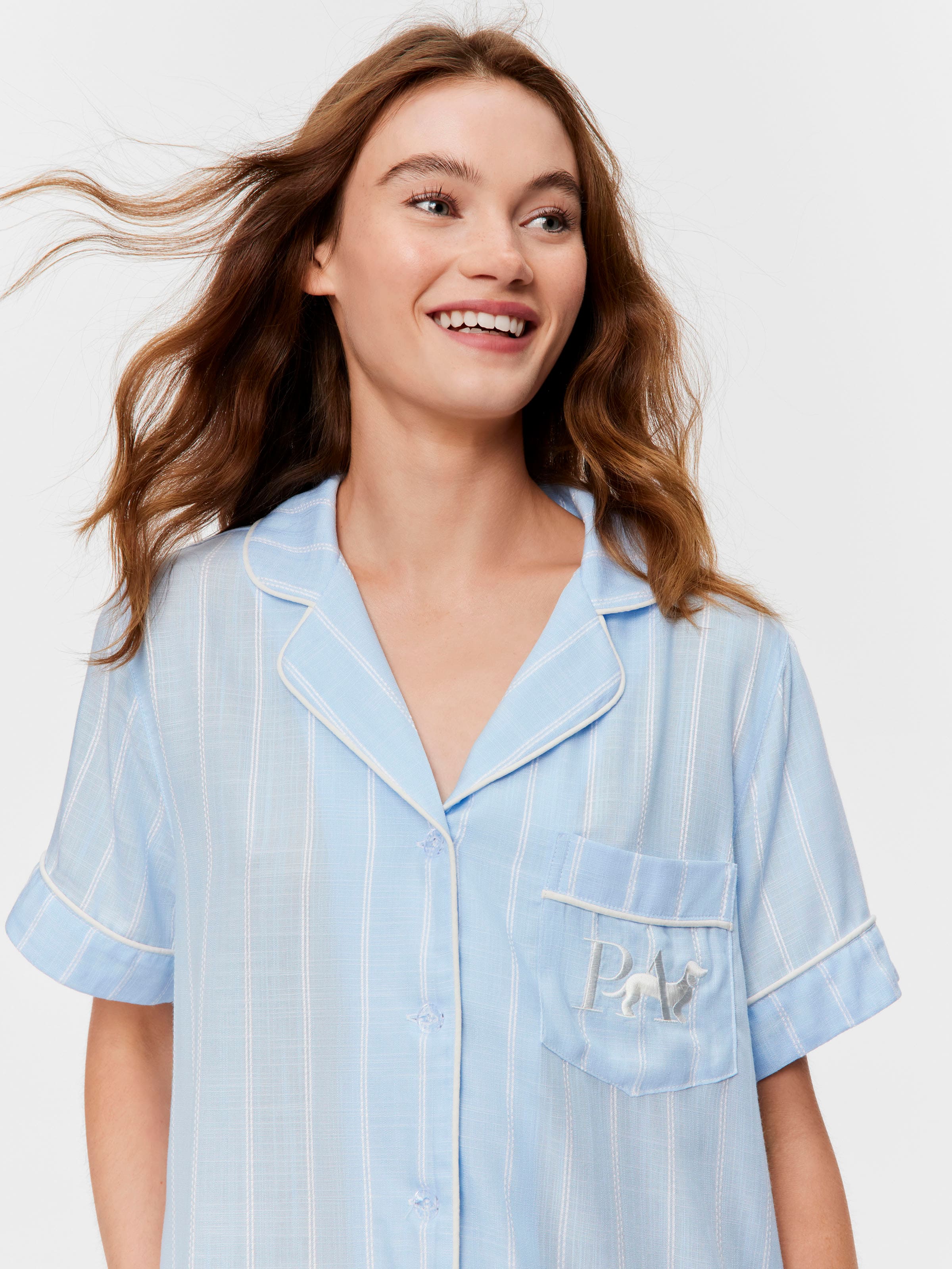 Light Blue Stripe 100% Textured Viscose Short Sleeve Shirt