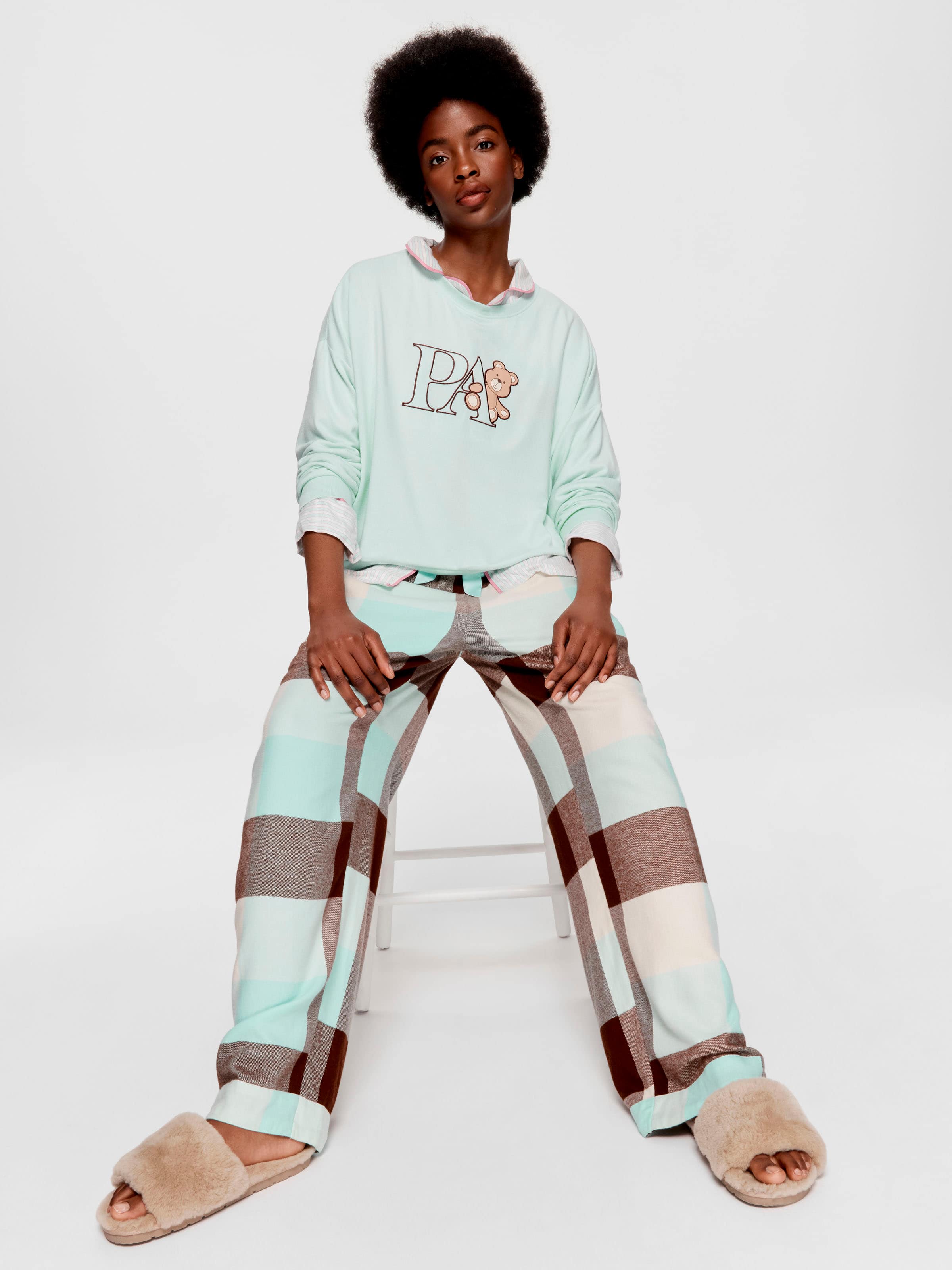 Mint And Brown Check Bamboo Flannelette Pj Bottom