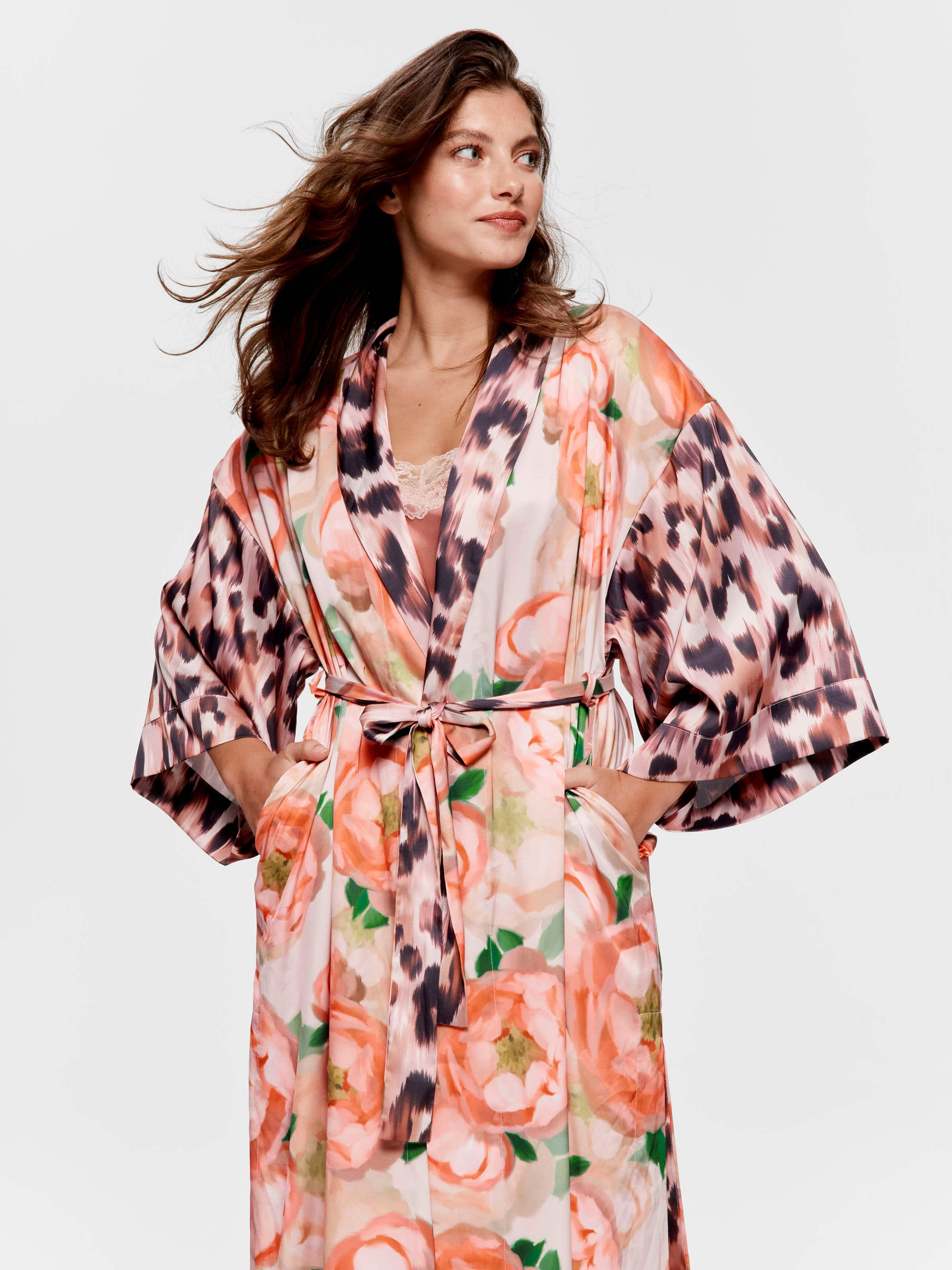 Leopard Floral Satin Long Dressing Gown