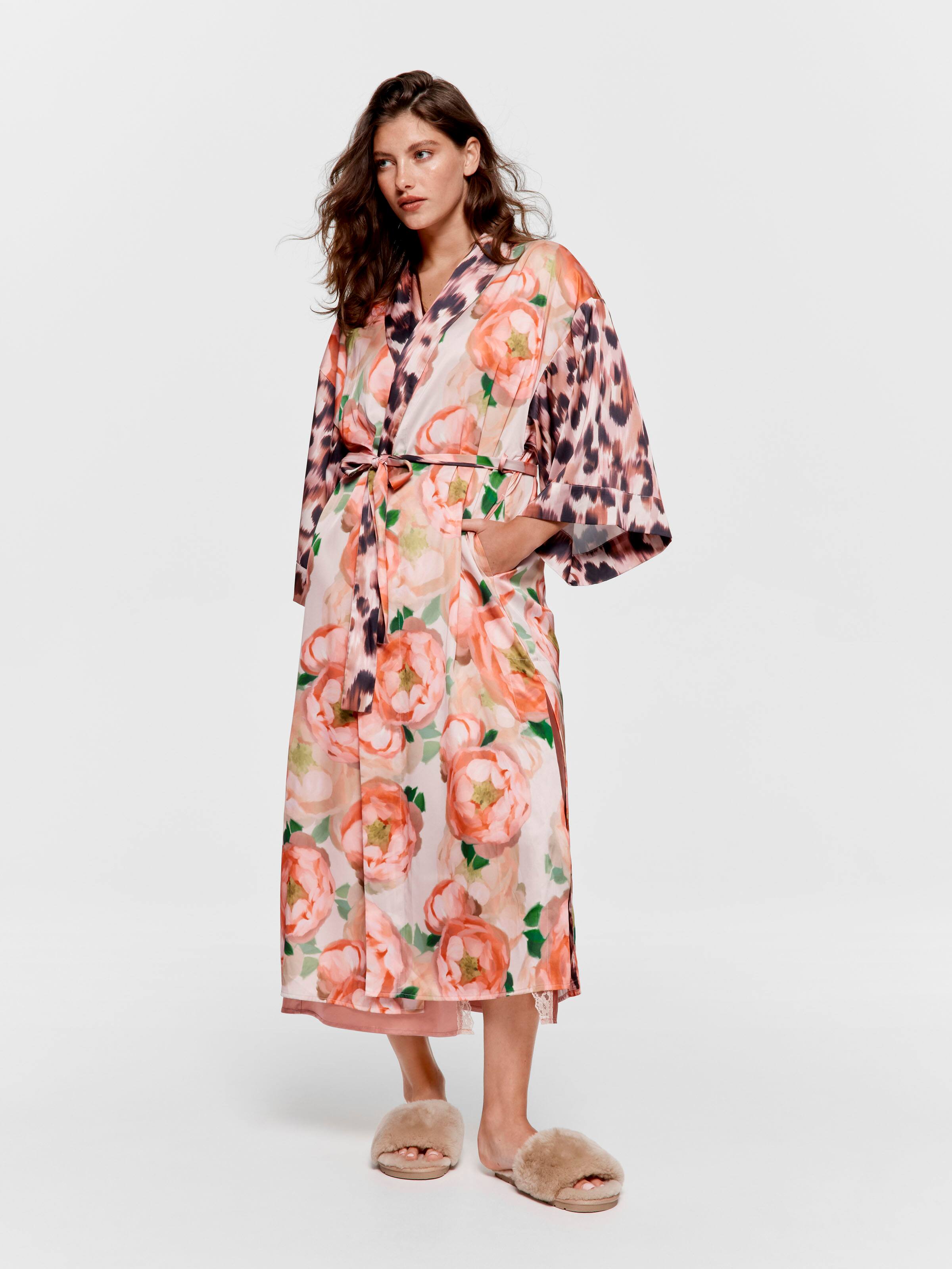 Leopard Floral Satin Long Dressing Gown