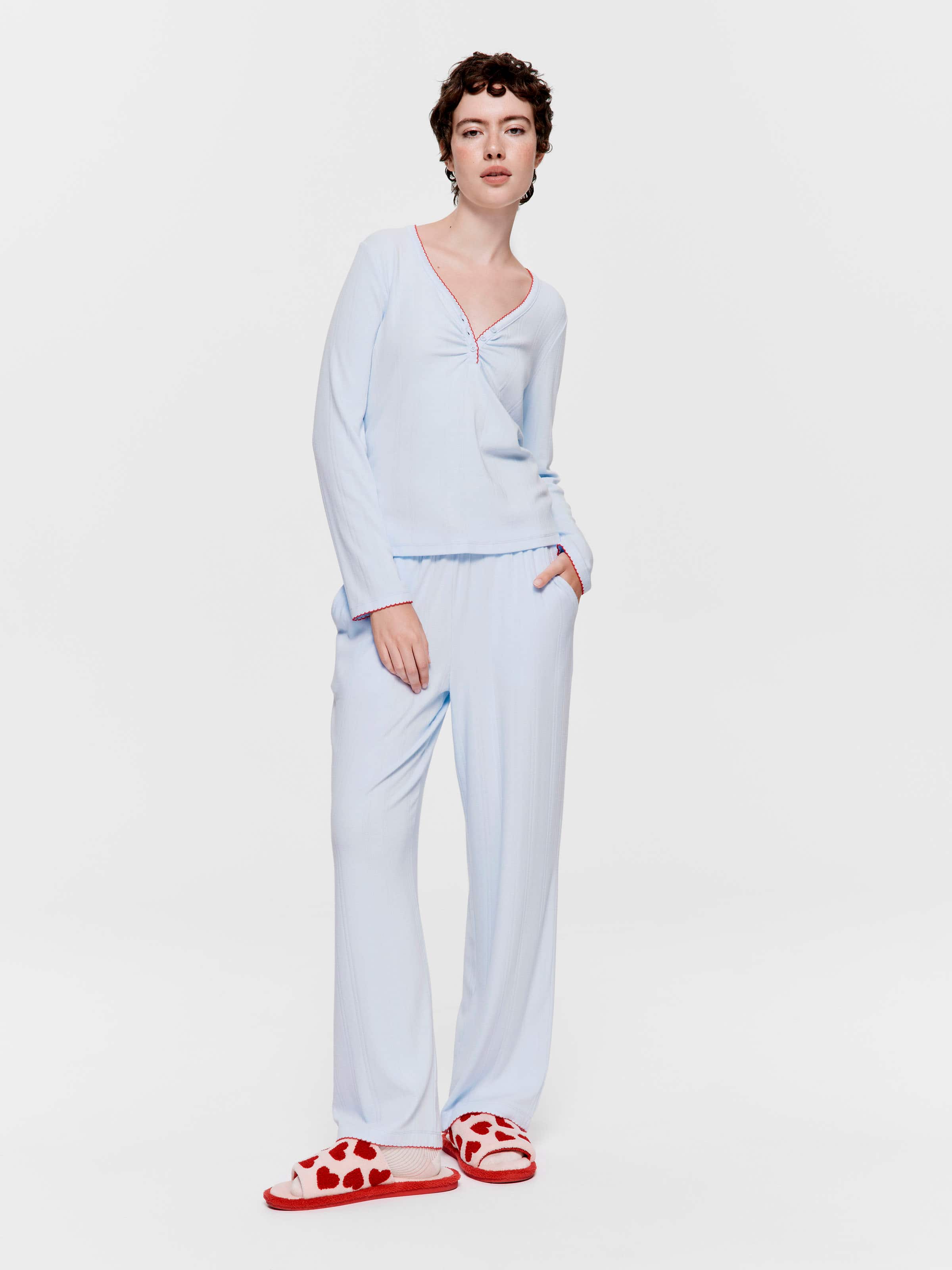 Contrast Trim Pointelle Long Sleeve Henley Top