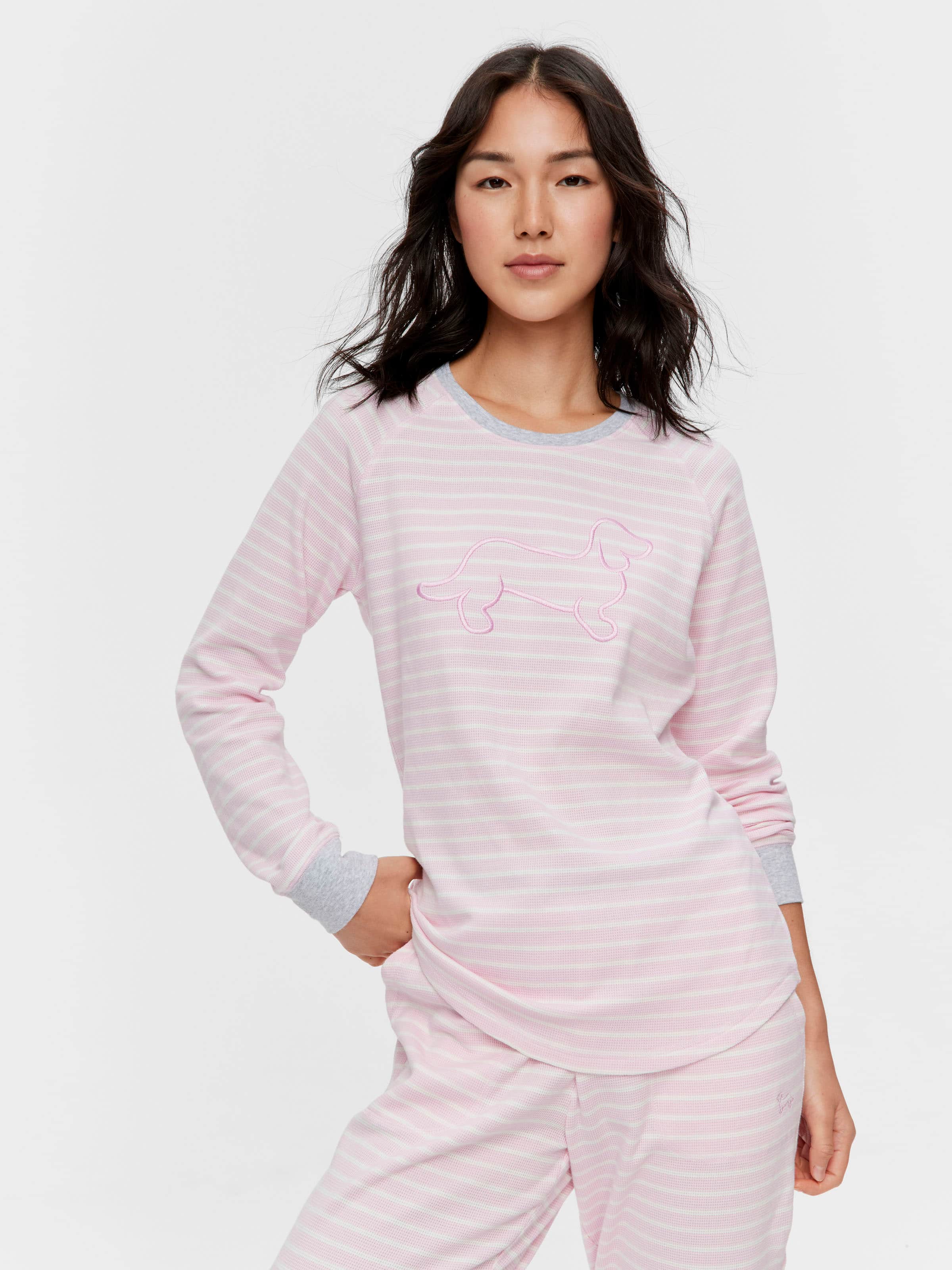 Pink Waffle Stripe Long Sleeve Top