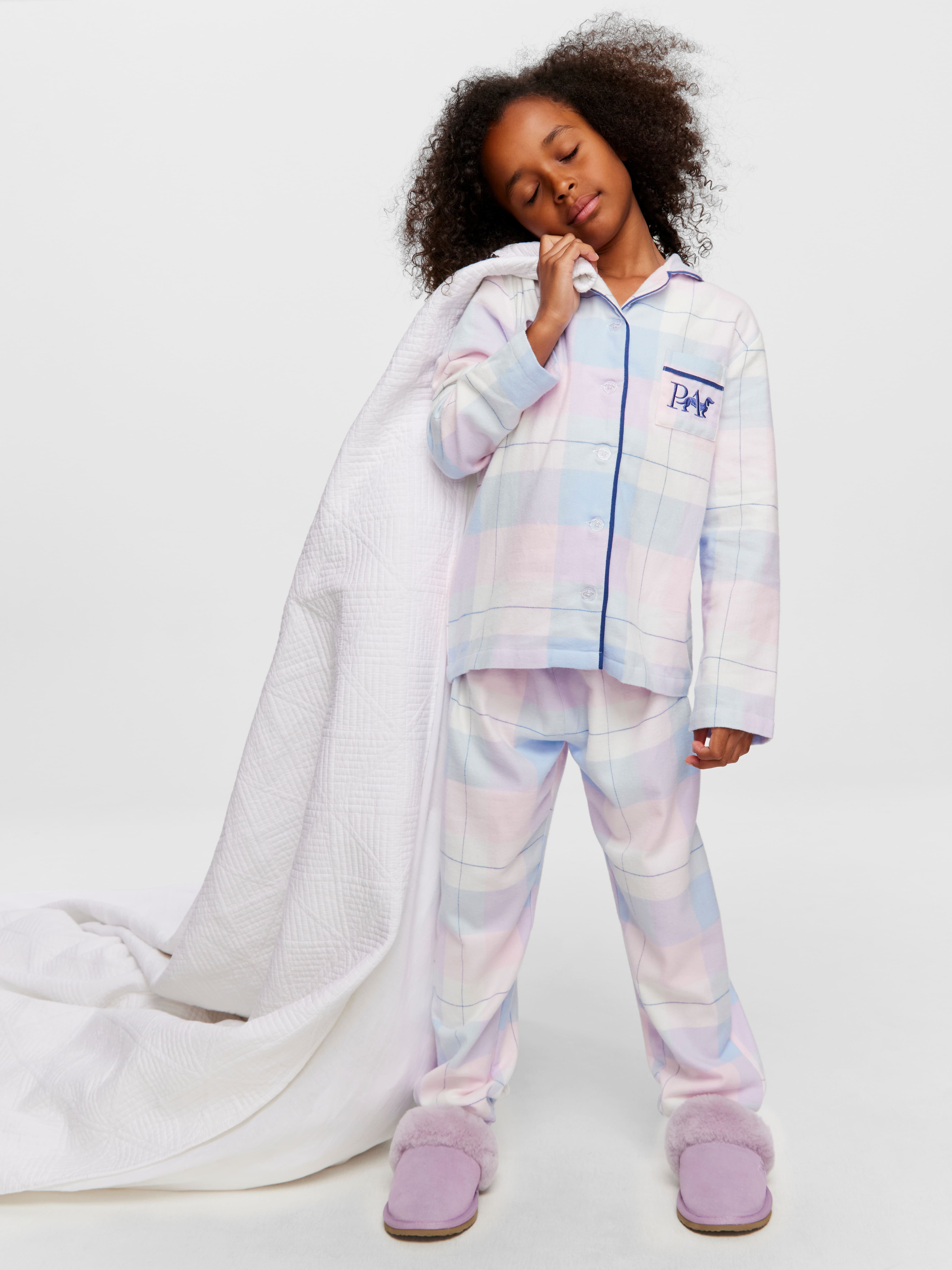 Girls Pink Check Long Pj Set