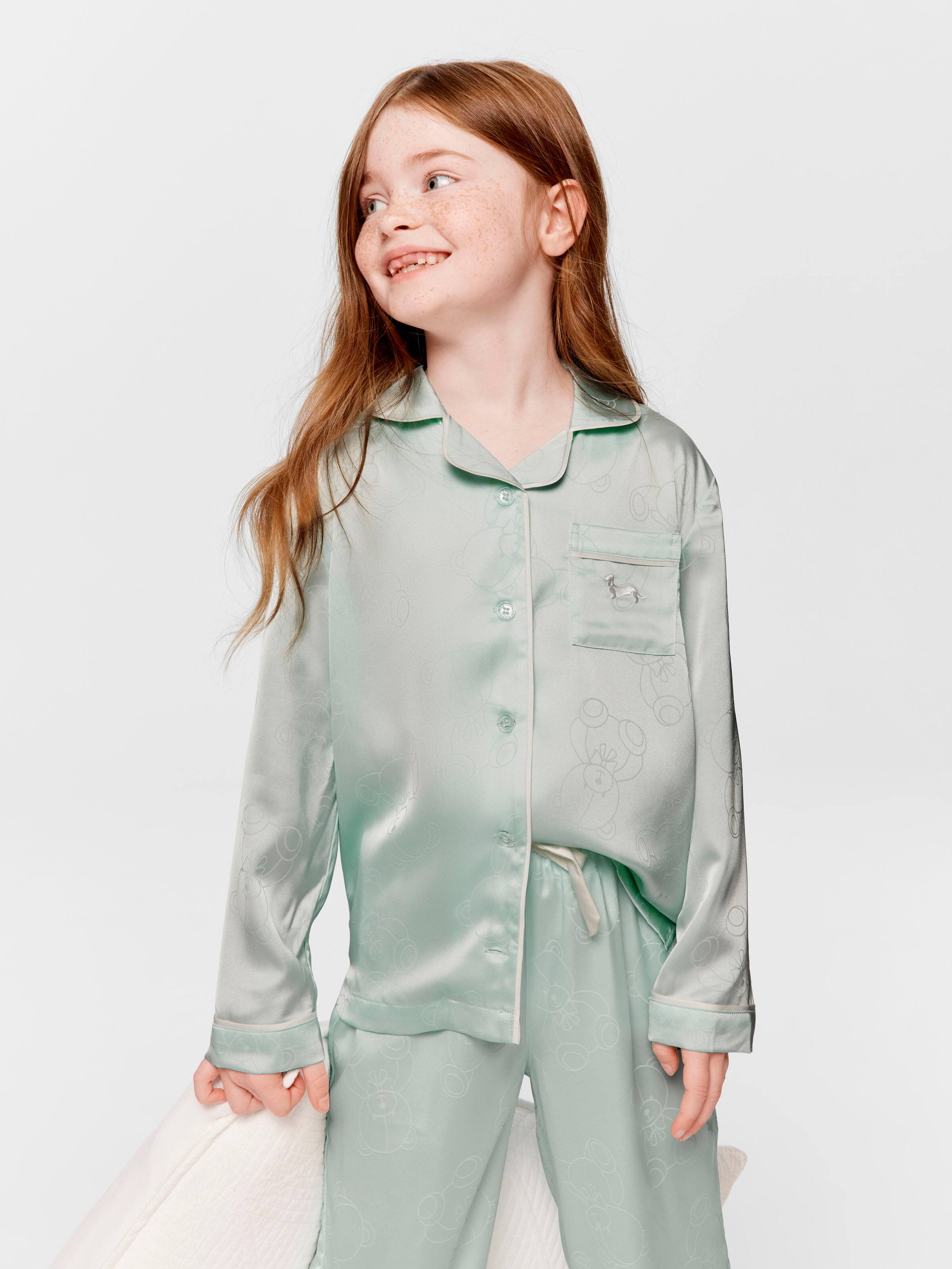 Jnr Girls Mint Satin Teddy Long Pj Set