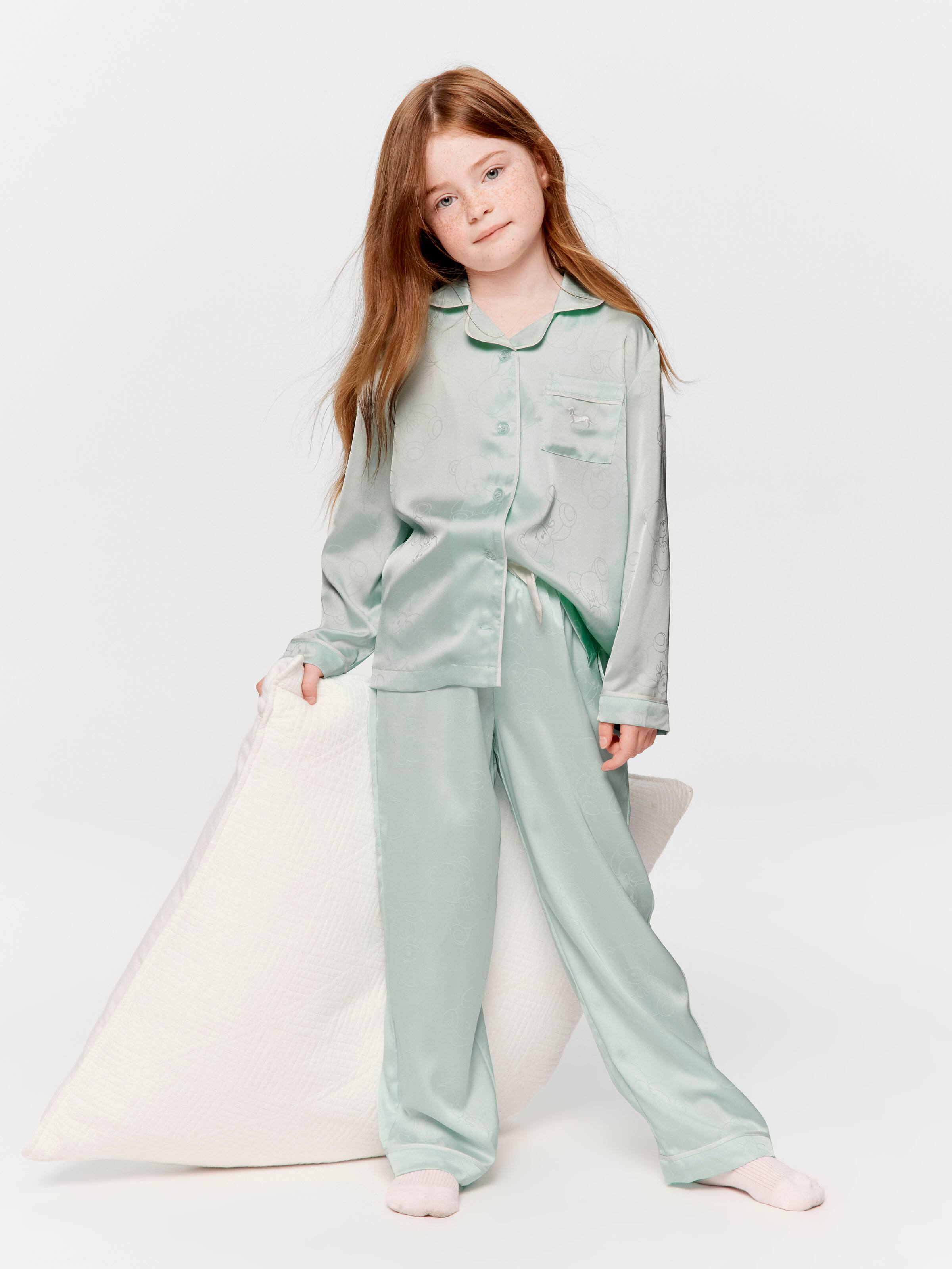 Girls Mint Satin Teddy Long Pj Set