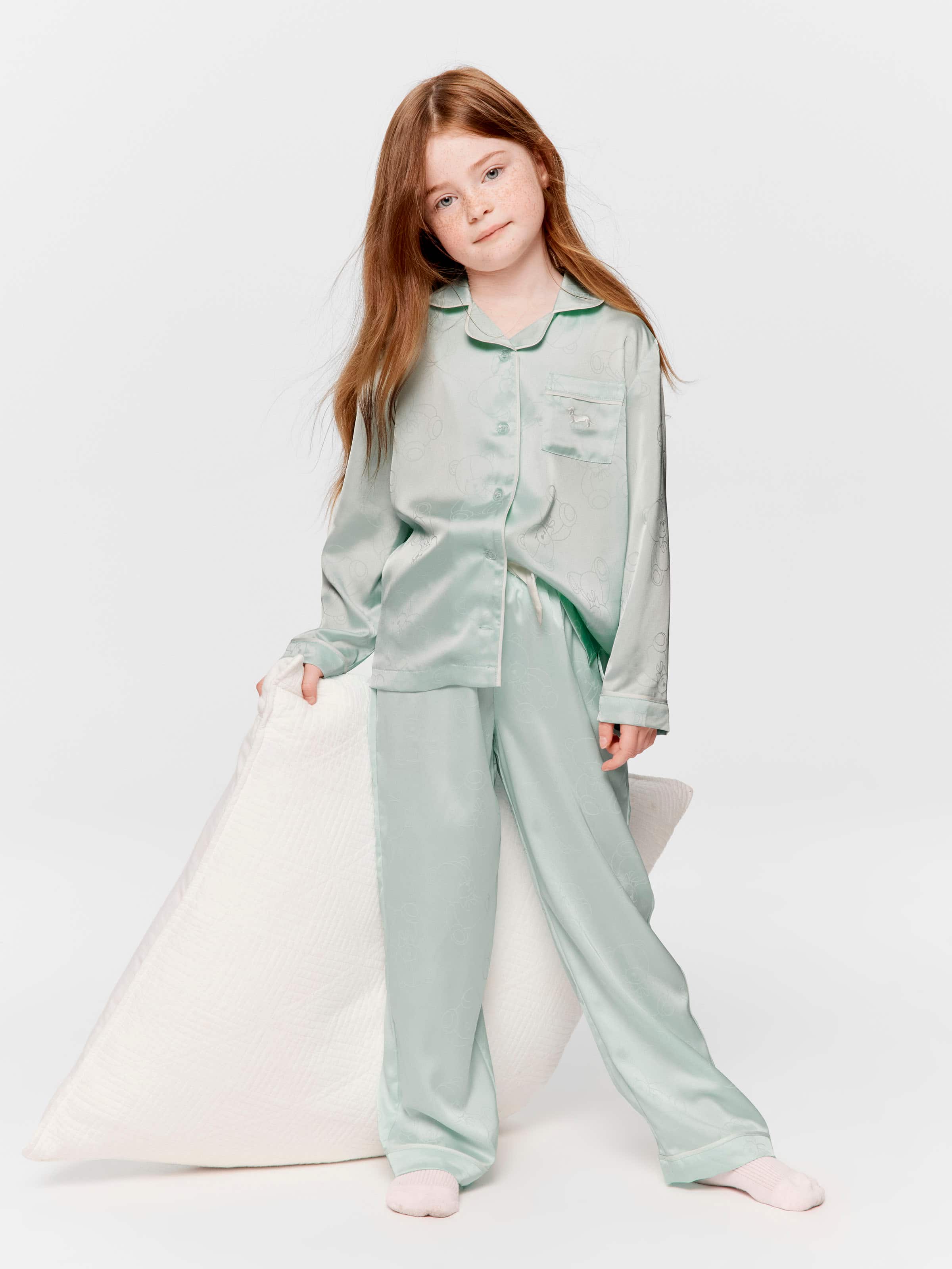 Girls Mint Satin Teddy Long Pj Set