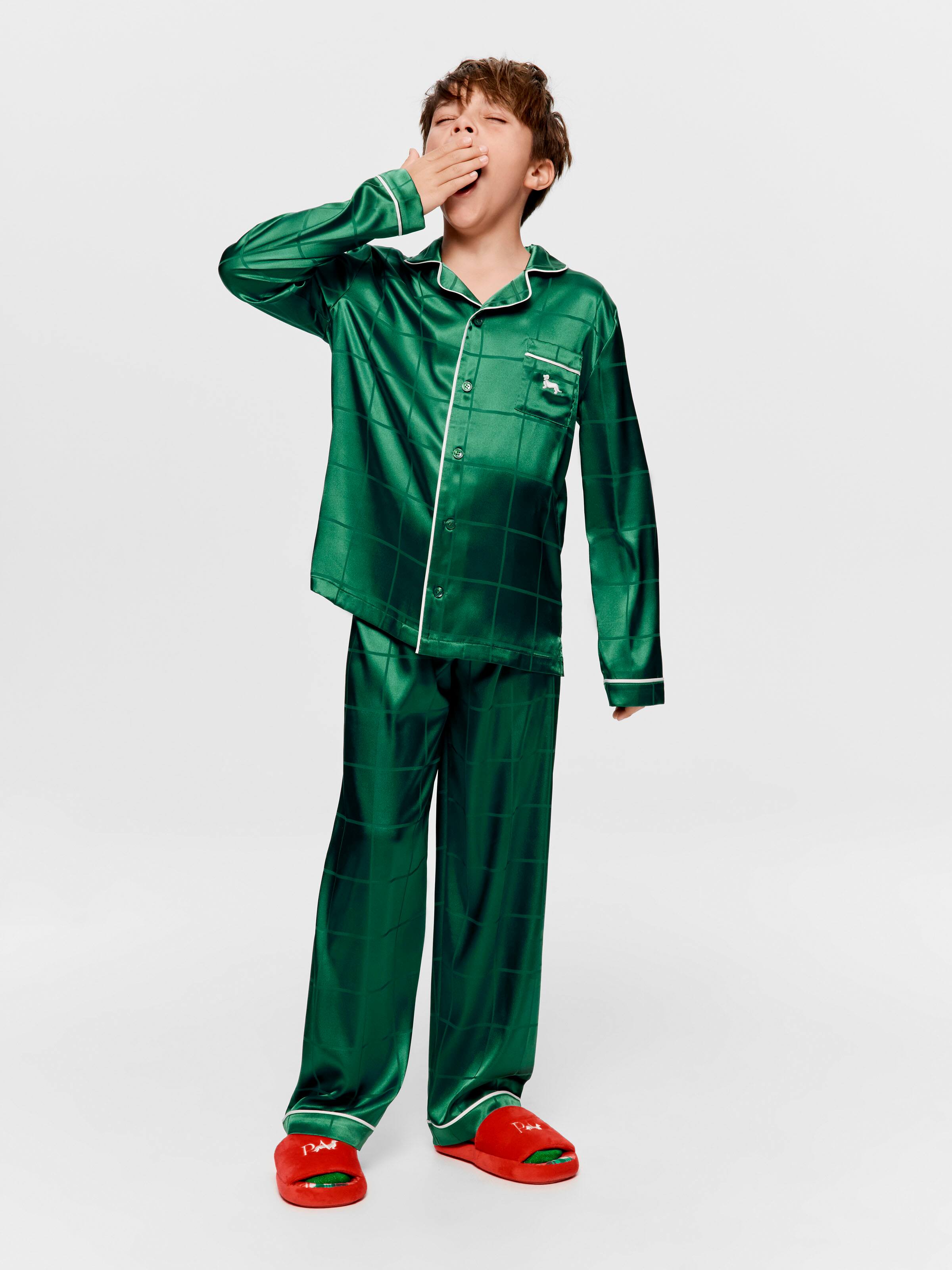 Kids Green Check Satin Classic Long Pj Set
