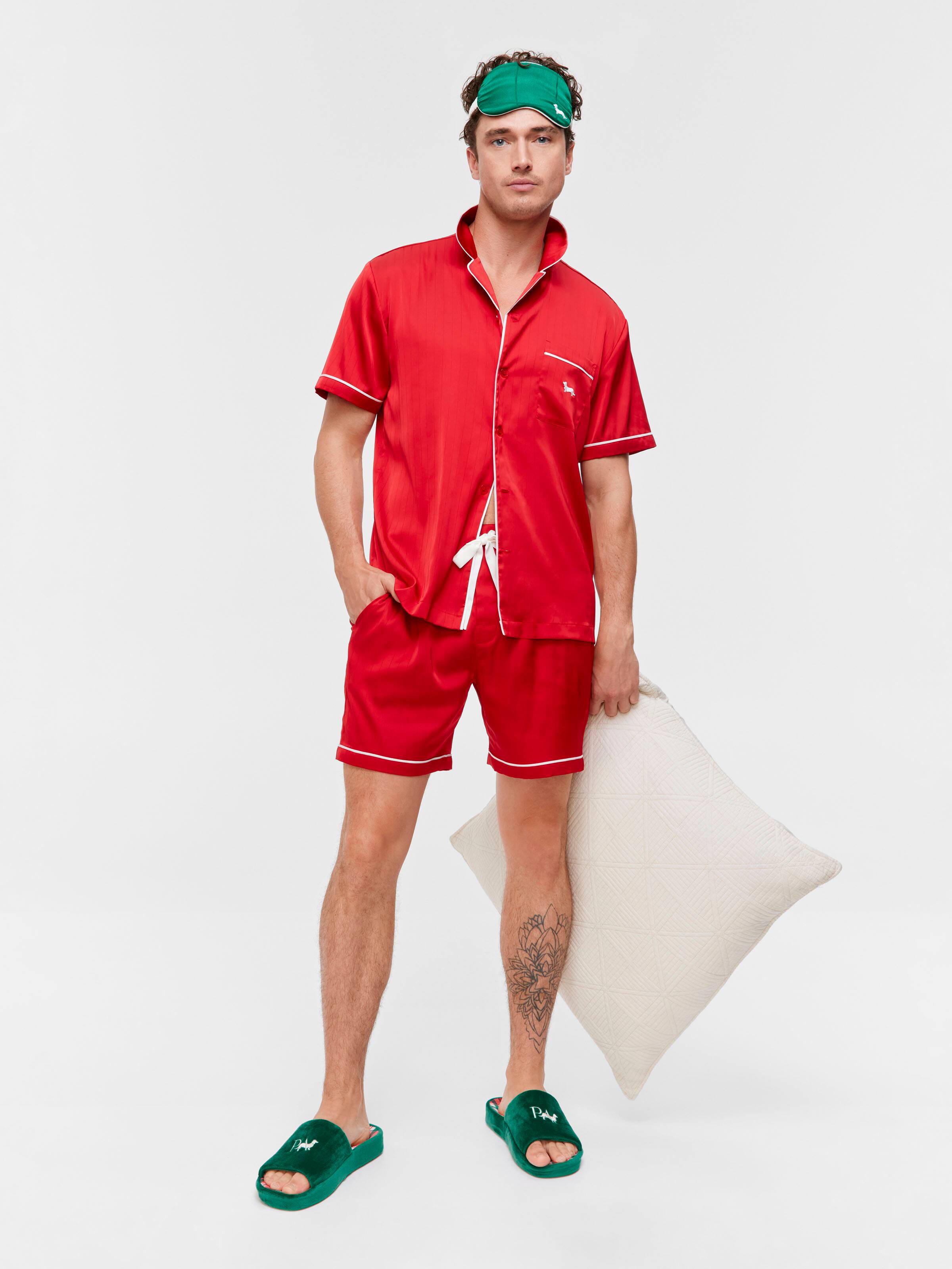 Red Pinstripe Satin Short Sleeve Pj Set