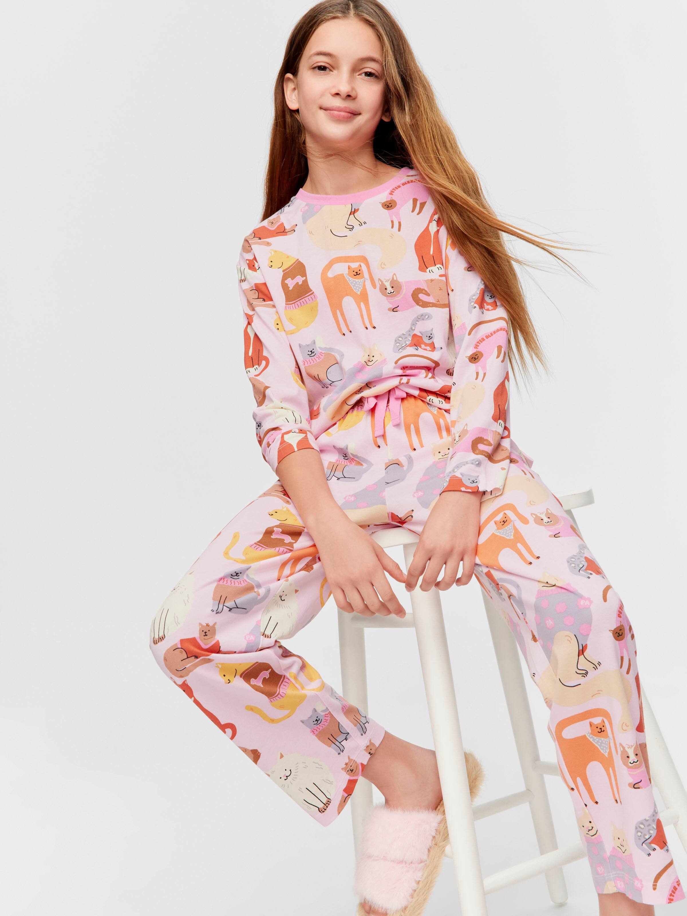 Girls Abstract Cats Long Pj Set