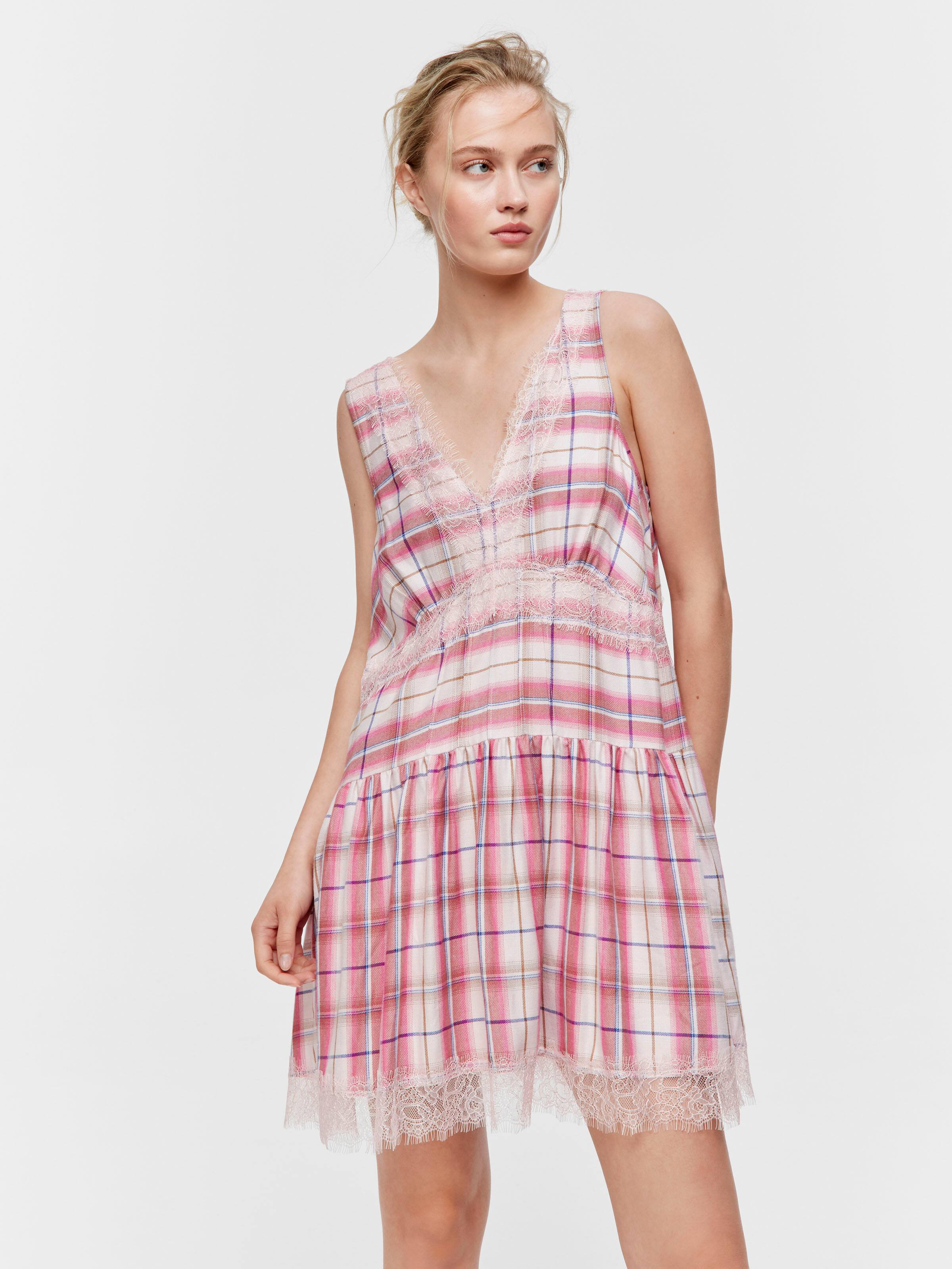 Check Lace Trim Viscose Flannelette Fashion Nightdress