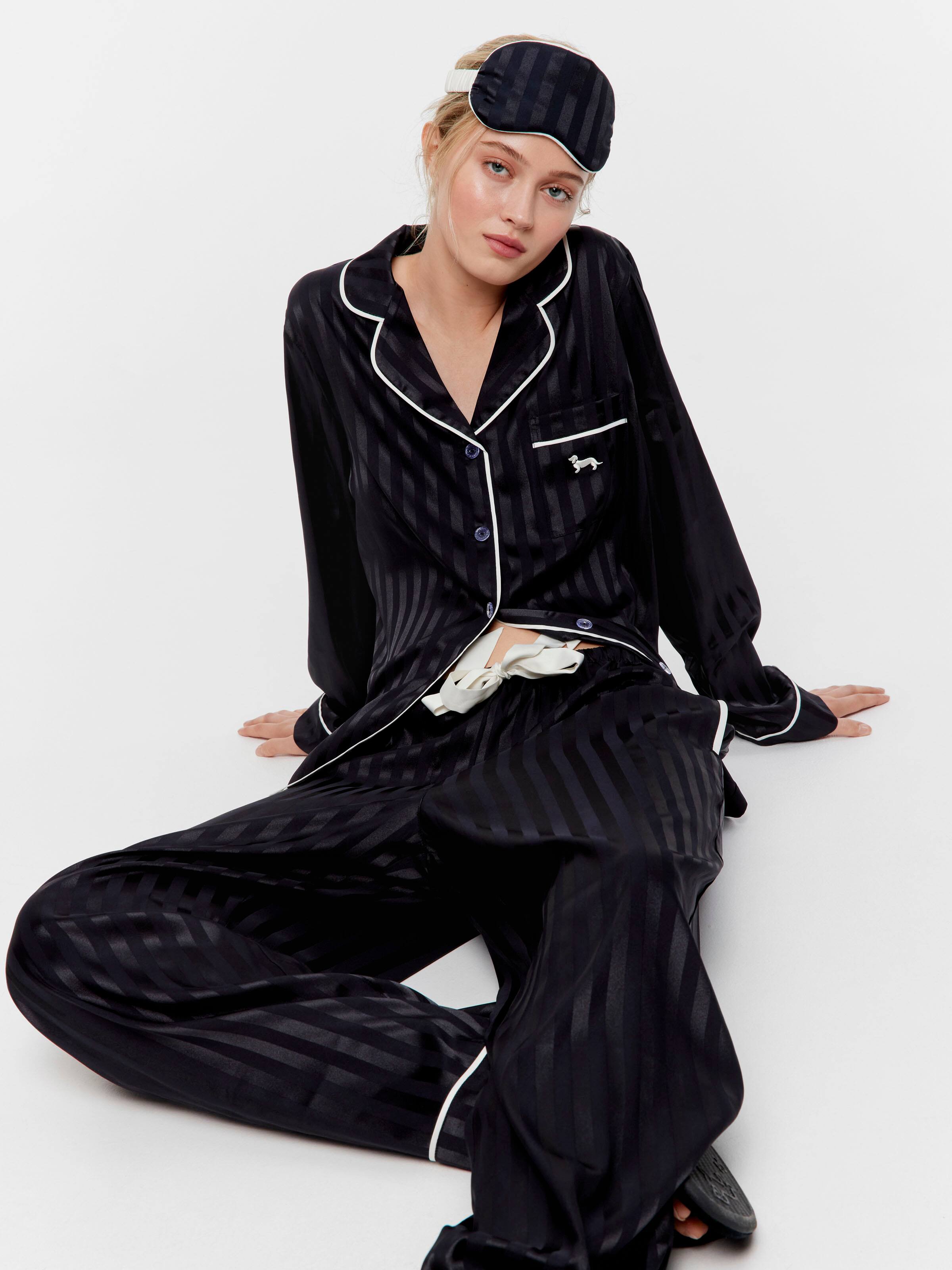 Black Stripe Chic Satin Long Pj Set