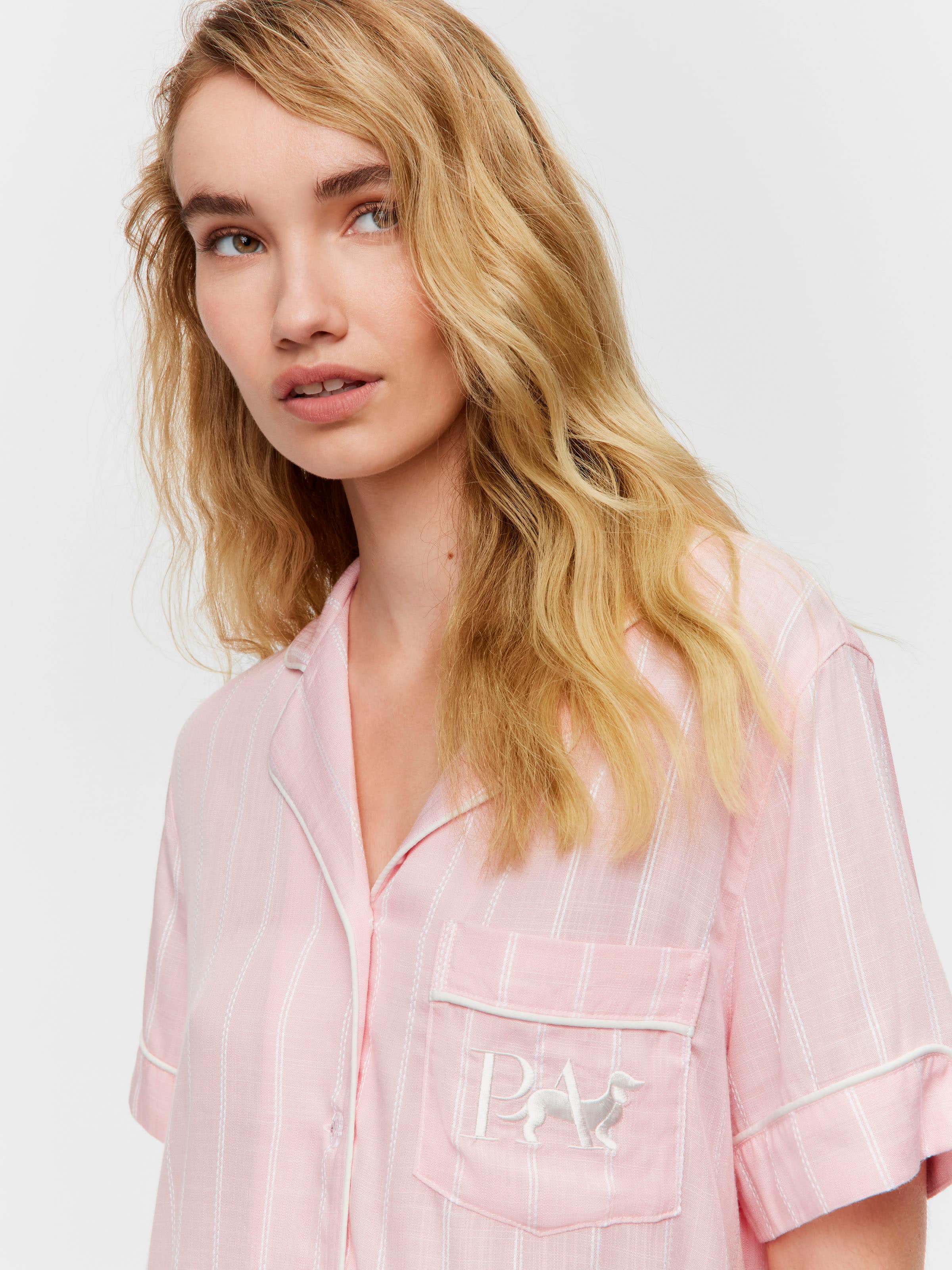 Light Pink Stripe 100% Textured Viscose Short Sleeve Shirt