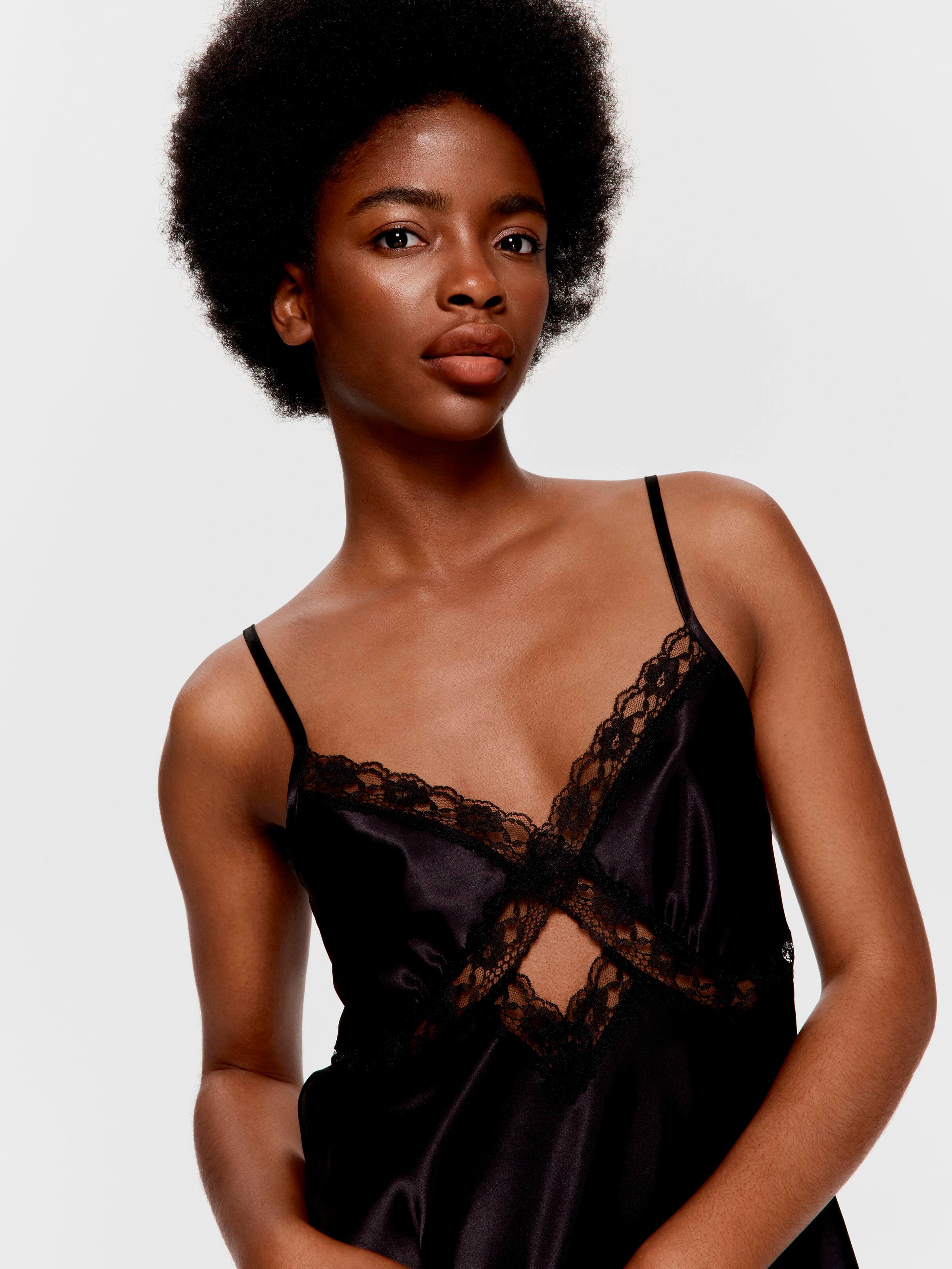 Black Lace Satin Cami Set