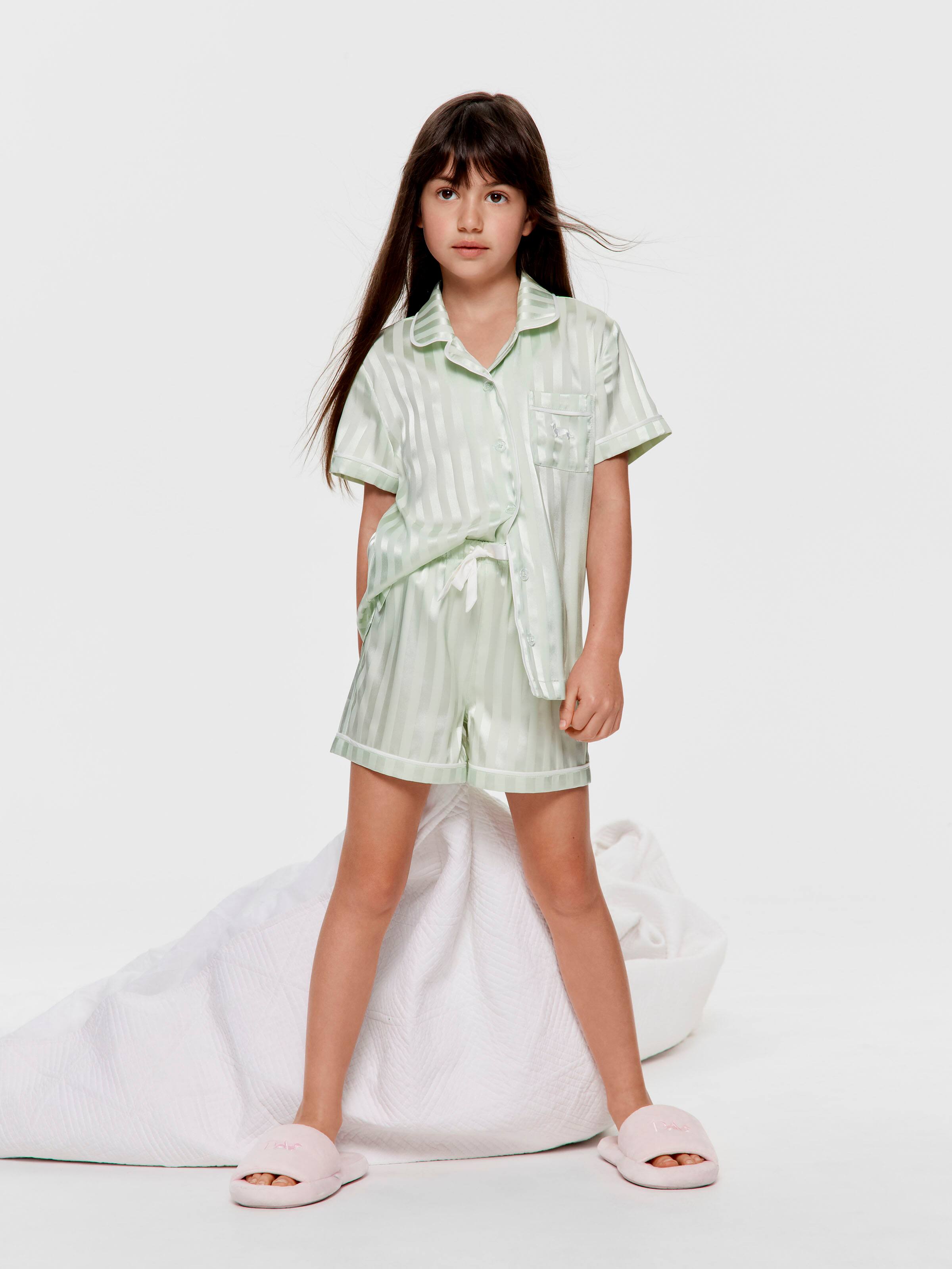 Jnr Girls Pistachio Satin Classic Shortie Pj Set