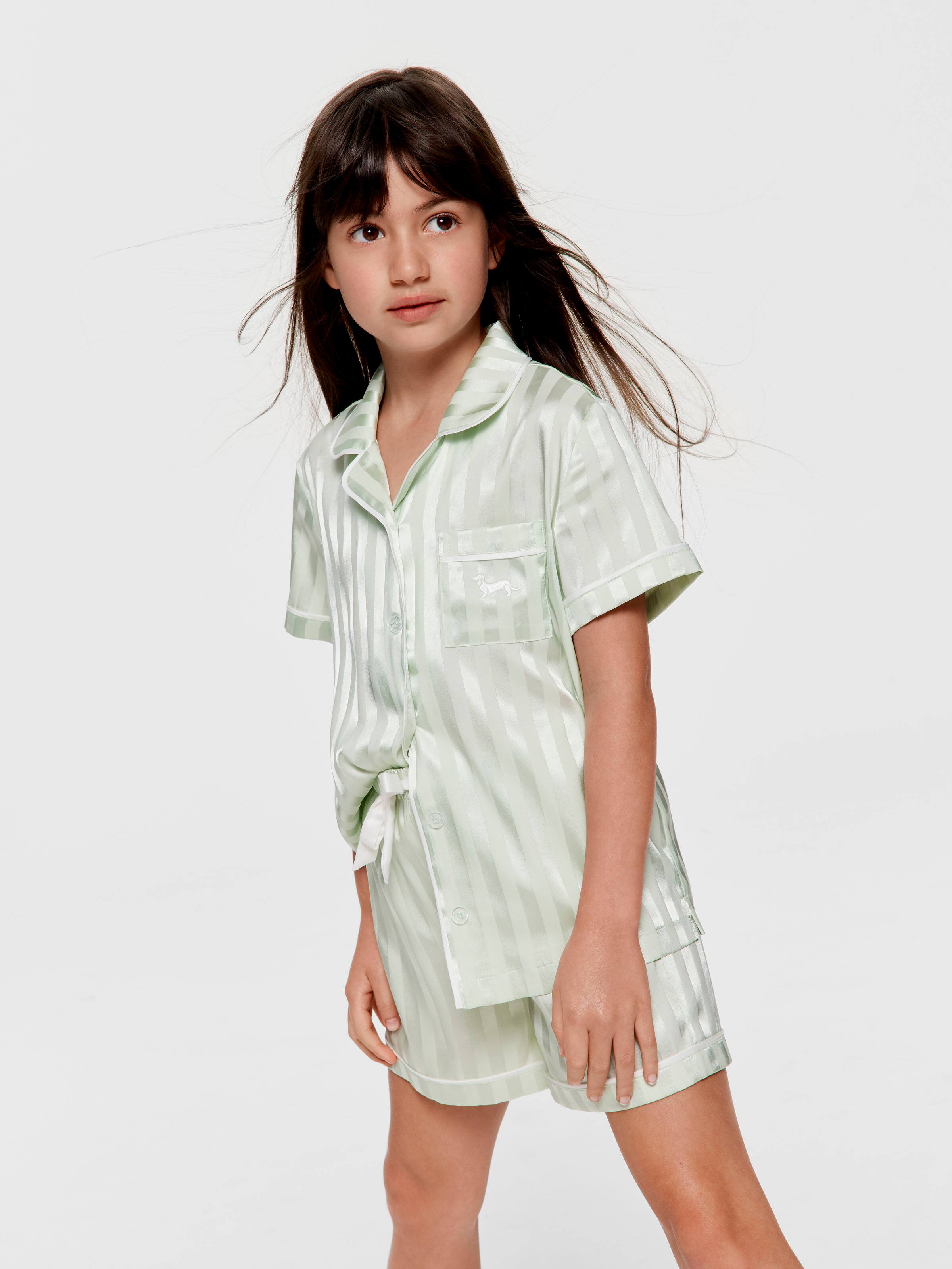 Jnr Girls Pistachio Satin Classic Shortie Pj Set