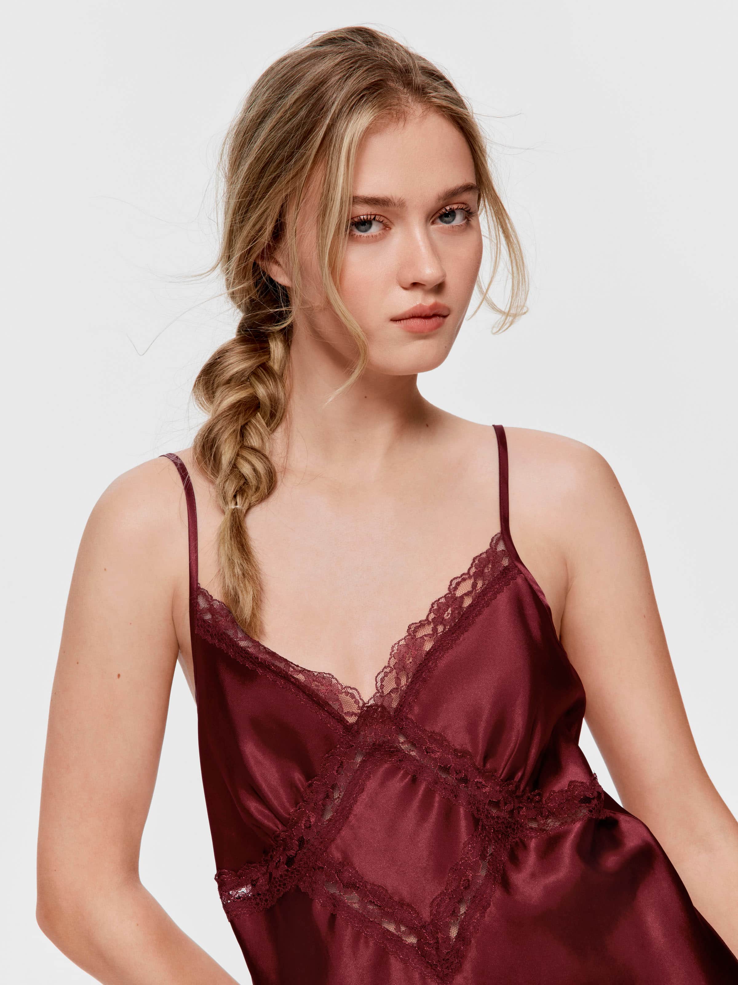 Merlot Satin Lace Trim Chemise