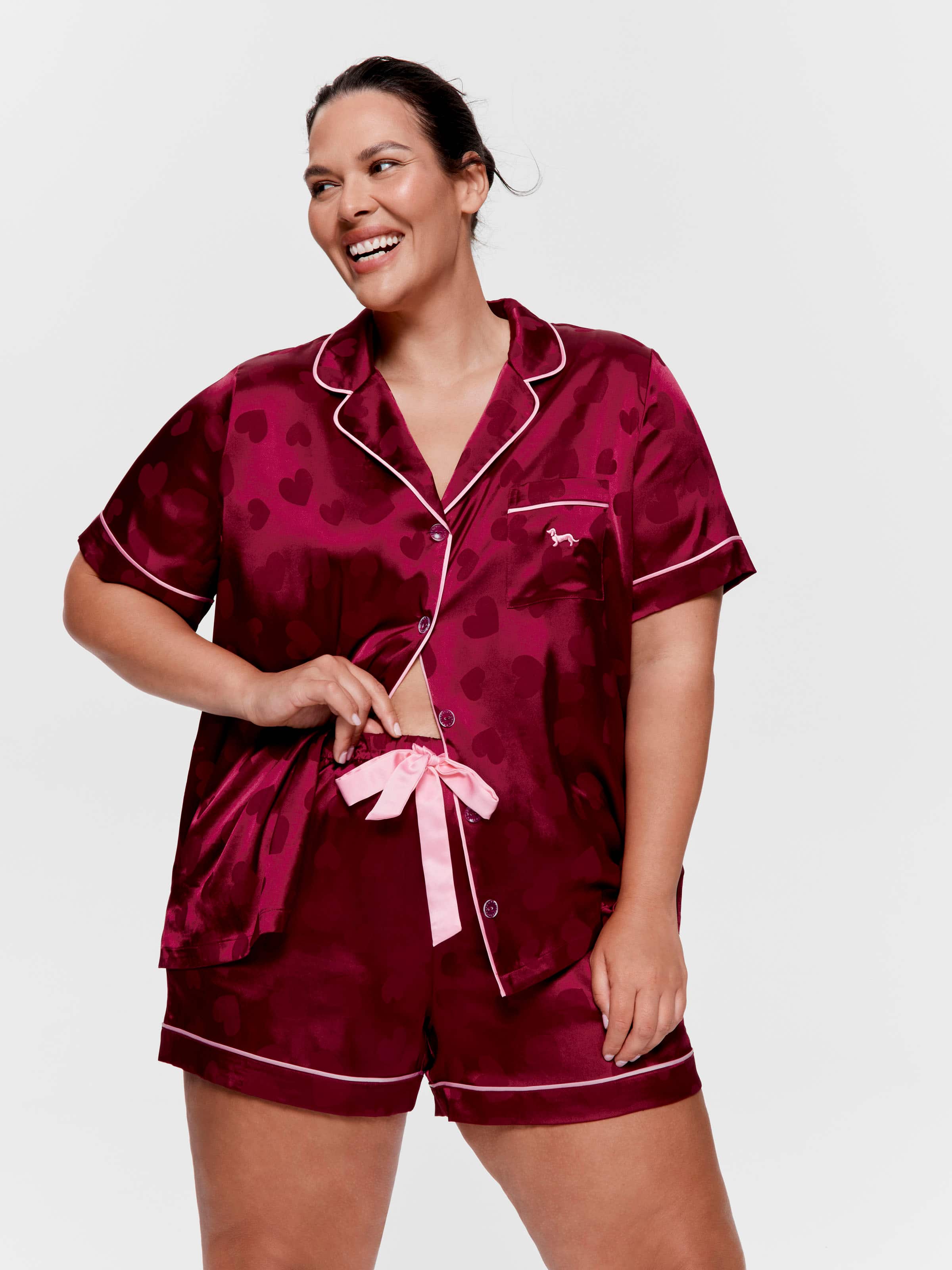 P.A. Plus Merlot Heart Satin Shortie Pj Set