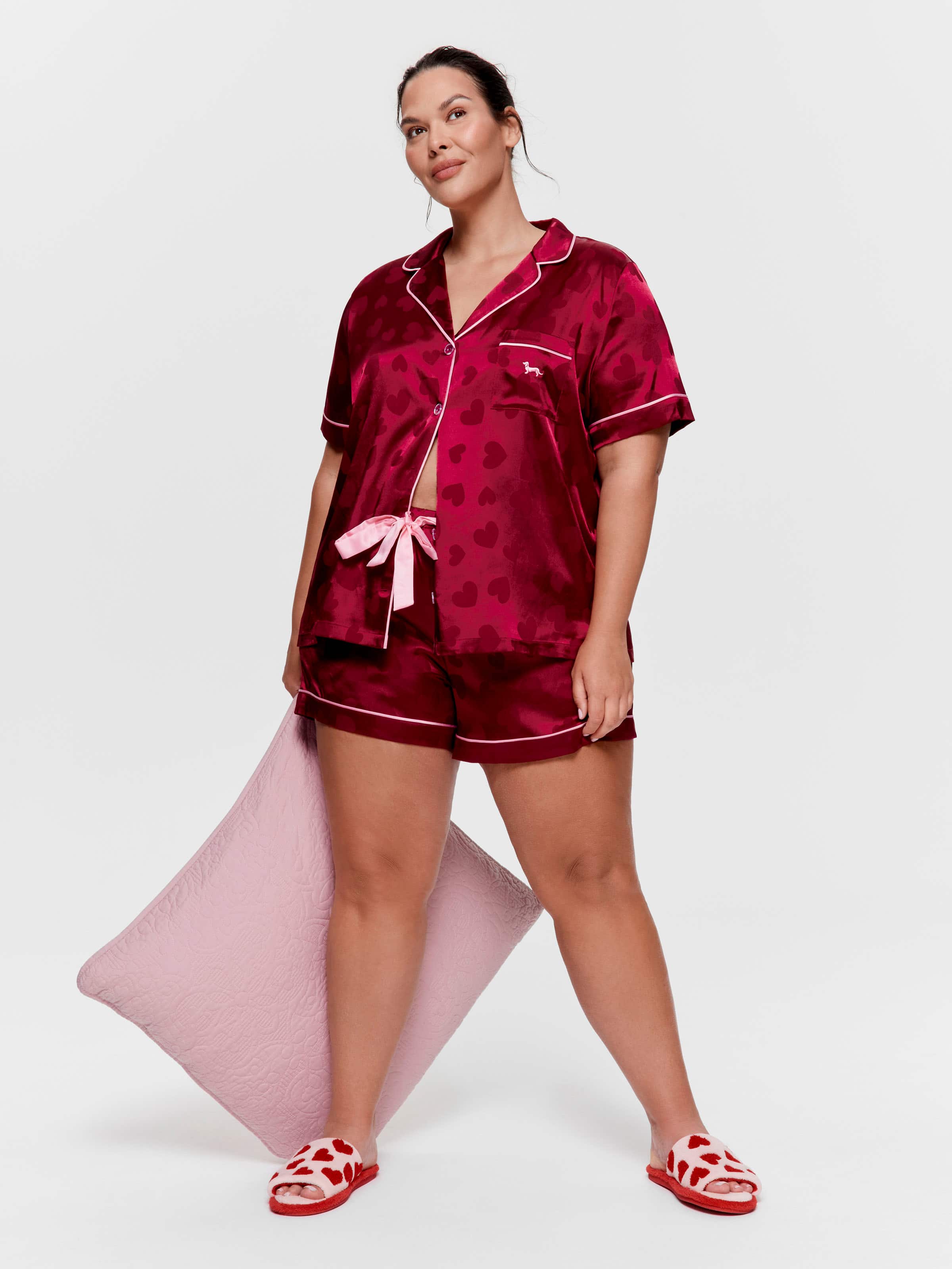 P.A. Plus Merlot Heart Satin Shortie Pj Set