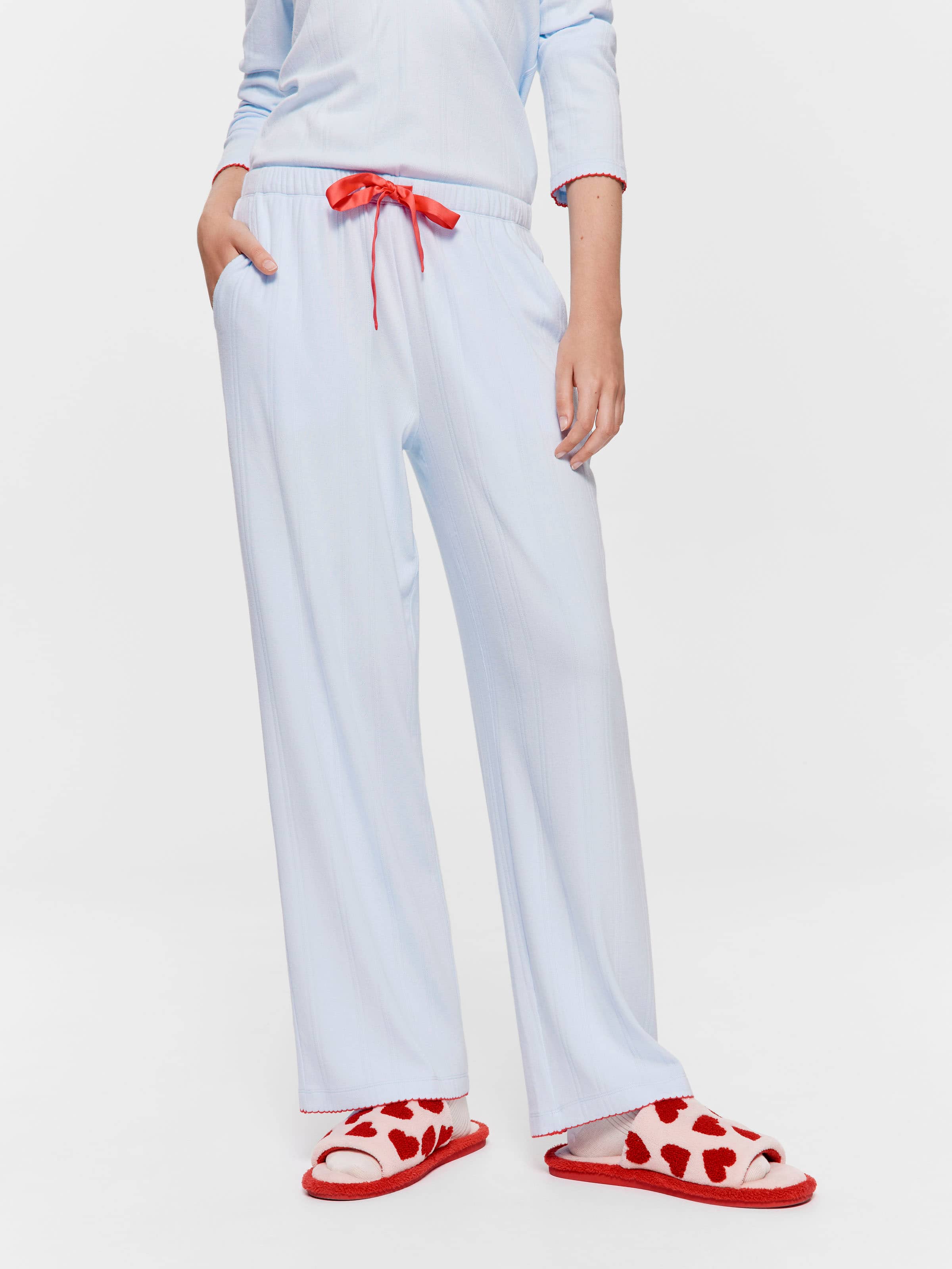 Contrast Trim Pointelle Wide Leg Pj Bottom