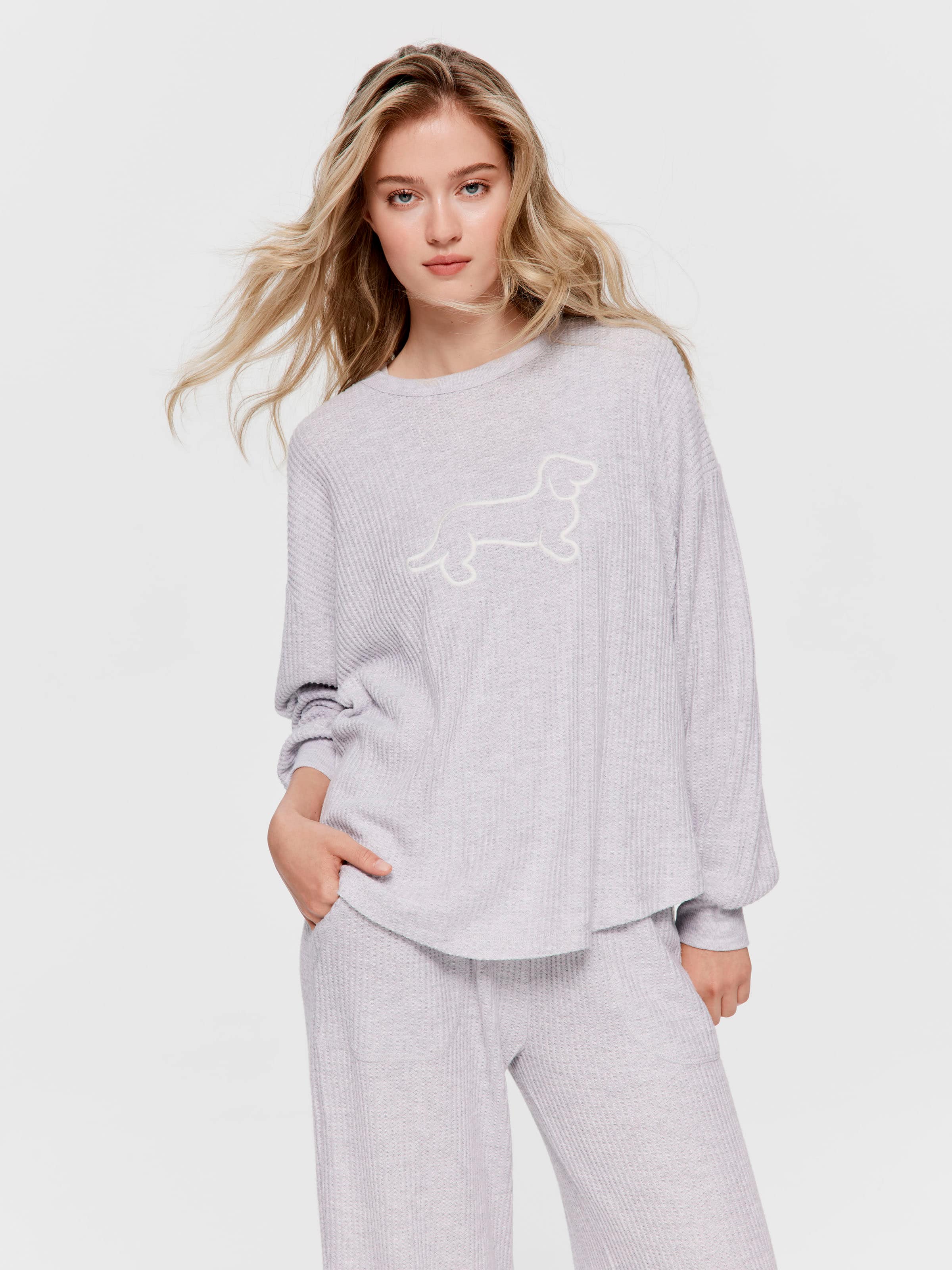 Grey Brushed Waffle Sweater Top