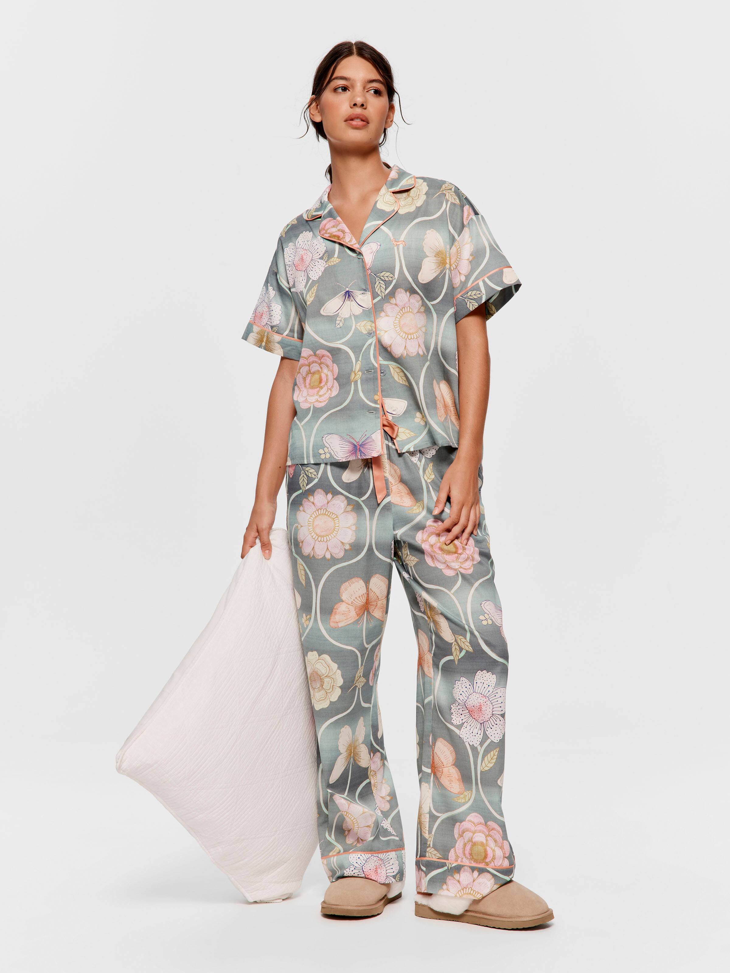 Butterfly Floral 100% Cotton Short Sleeve & Pj Bottom Set