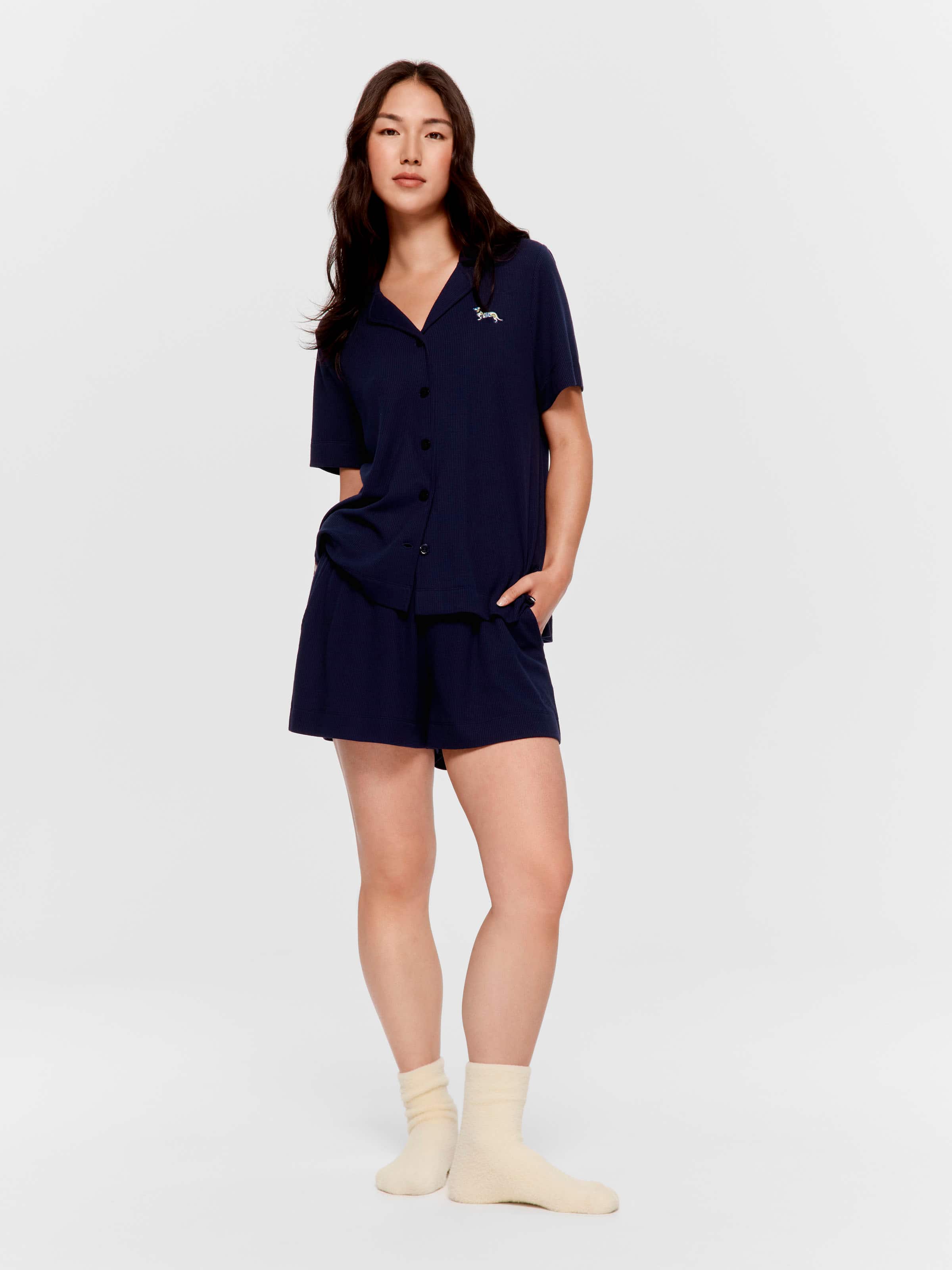 Navy Floral Trim Waffle Shirt
