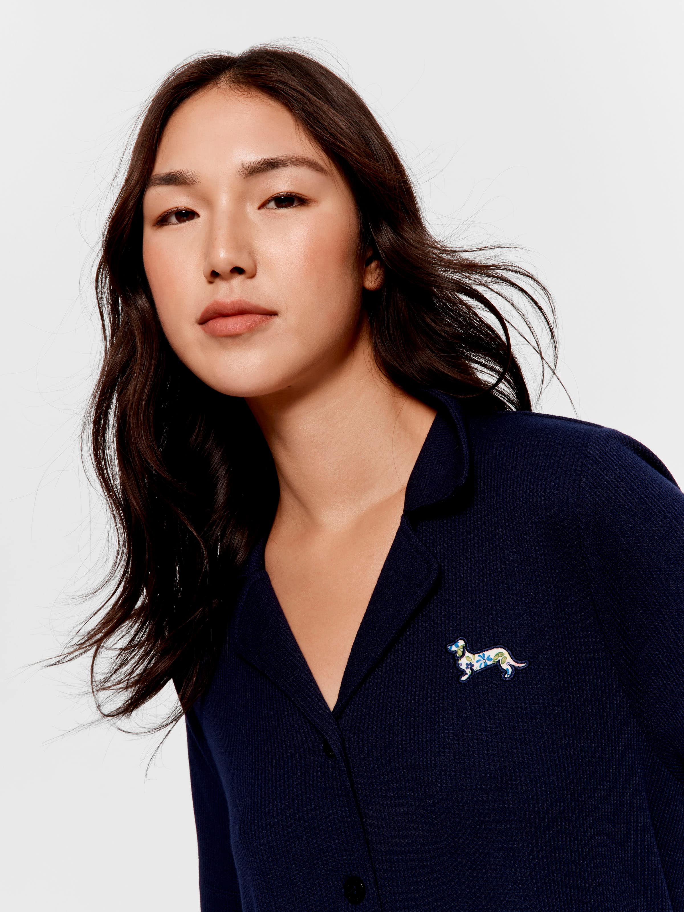 Navy Floral Trim Waffle Shirt