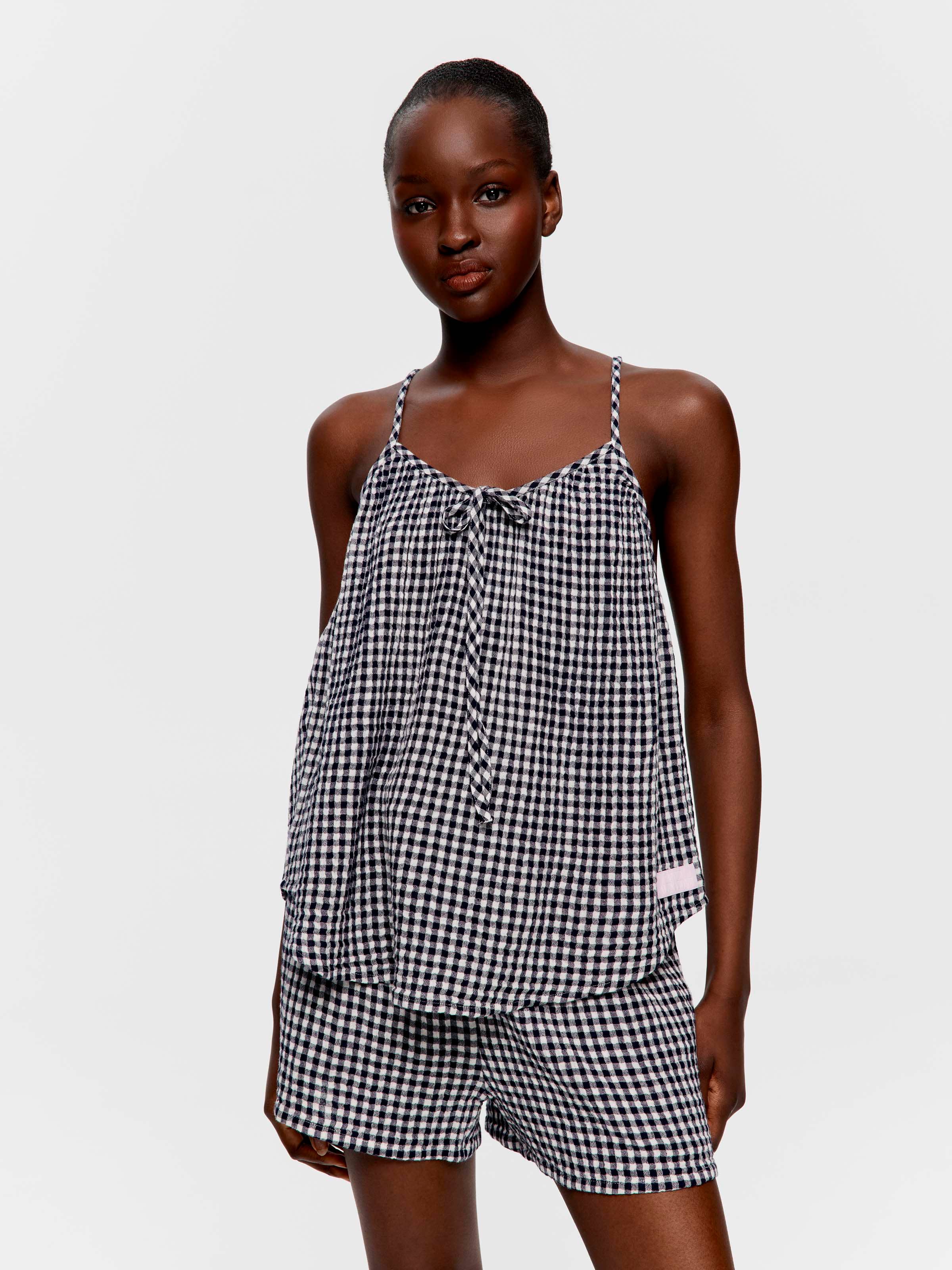 Navy Gingham 100% Cotton Shortie Pj Set