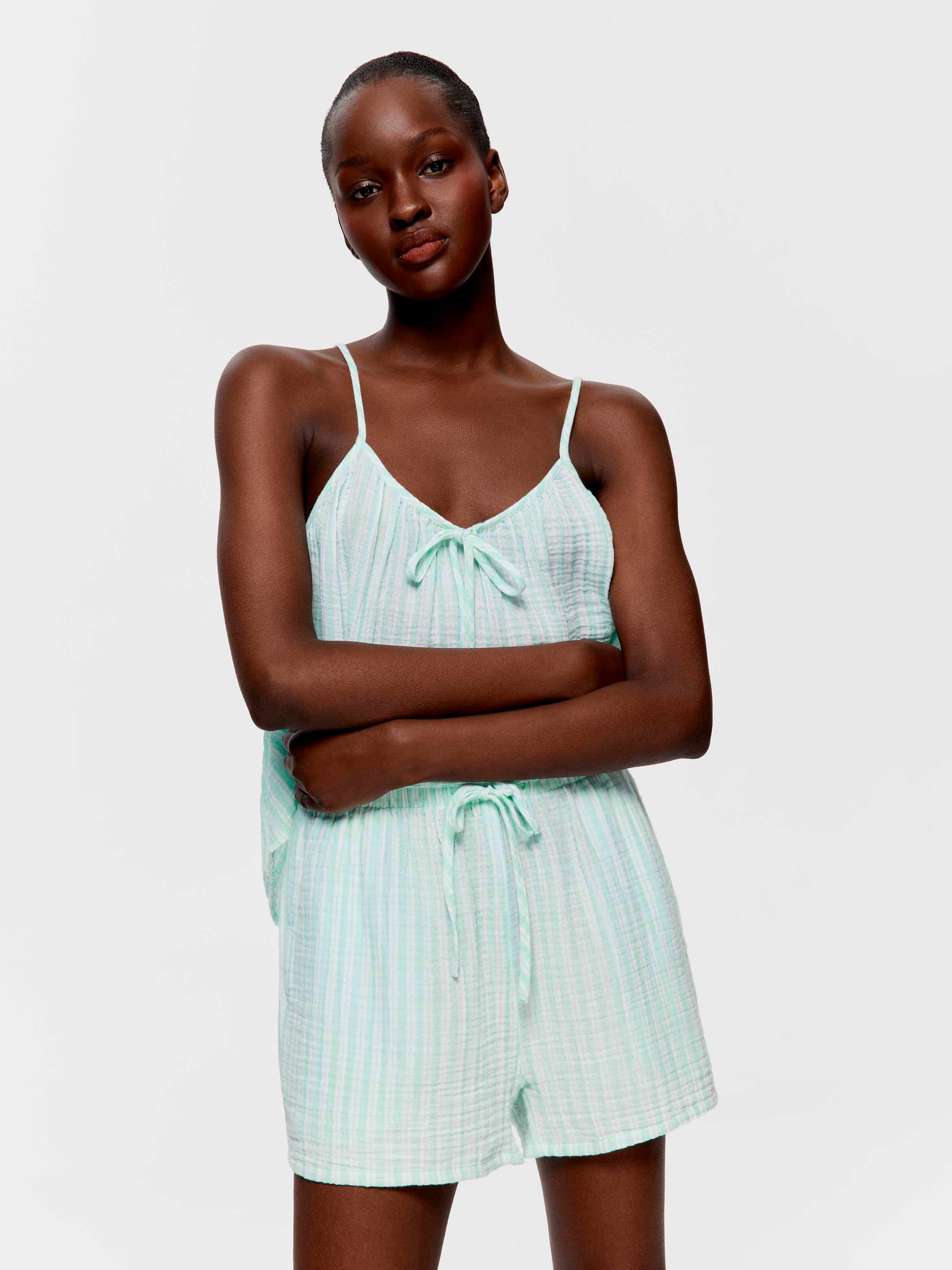 Green Stripe 100% Cotton Cami Shortie Pj Set