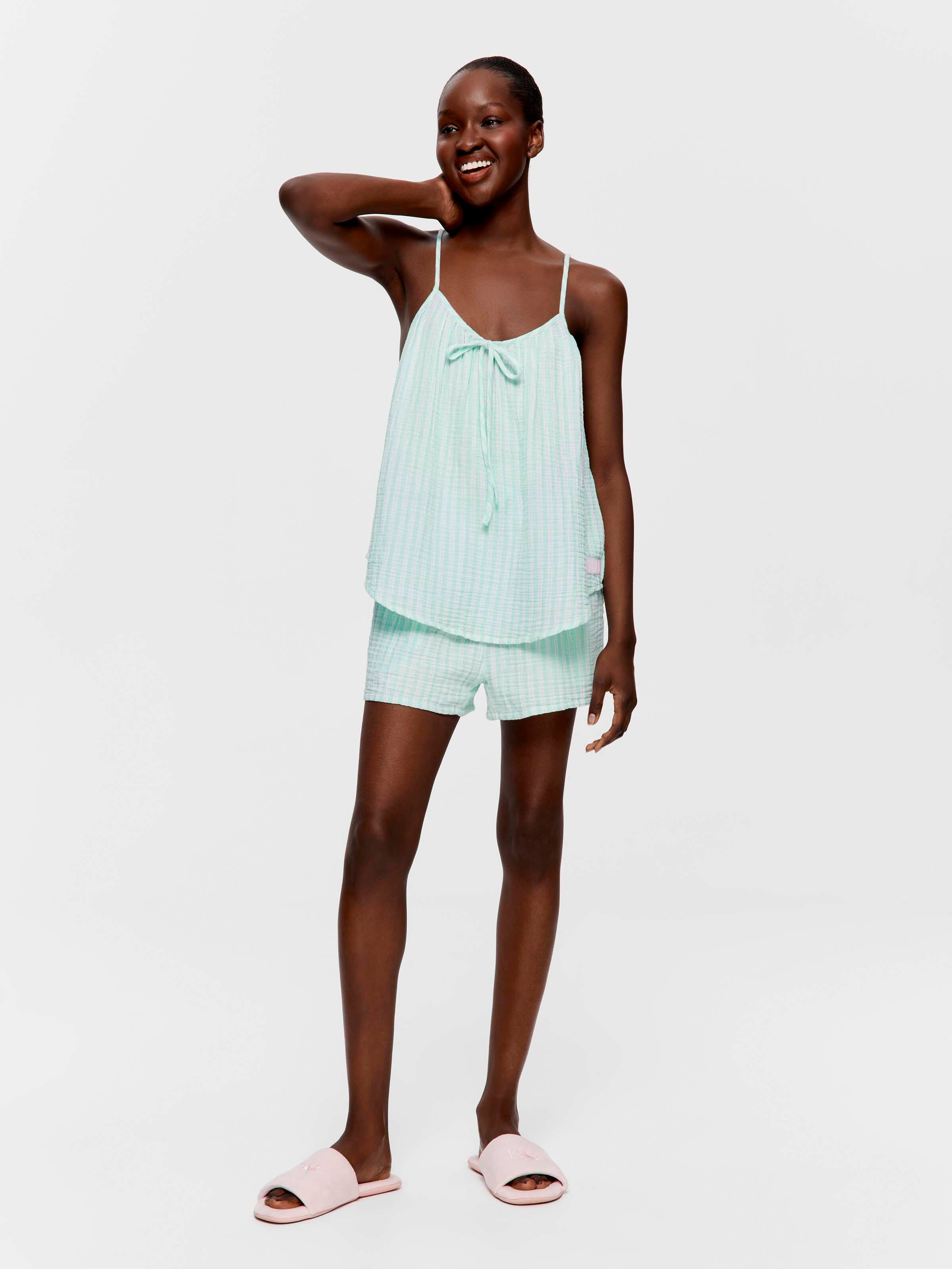 Green Stripe 100% Cotton Cami Shortie Pj Set