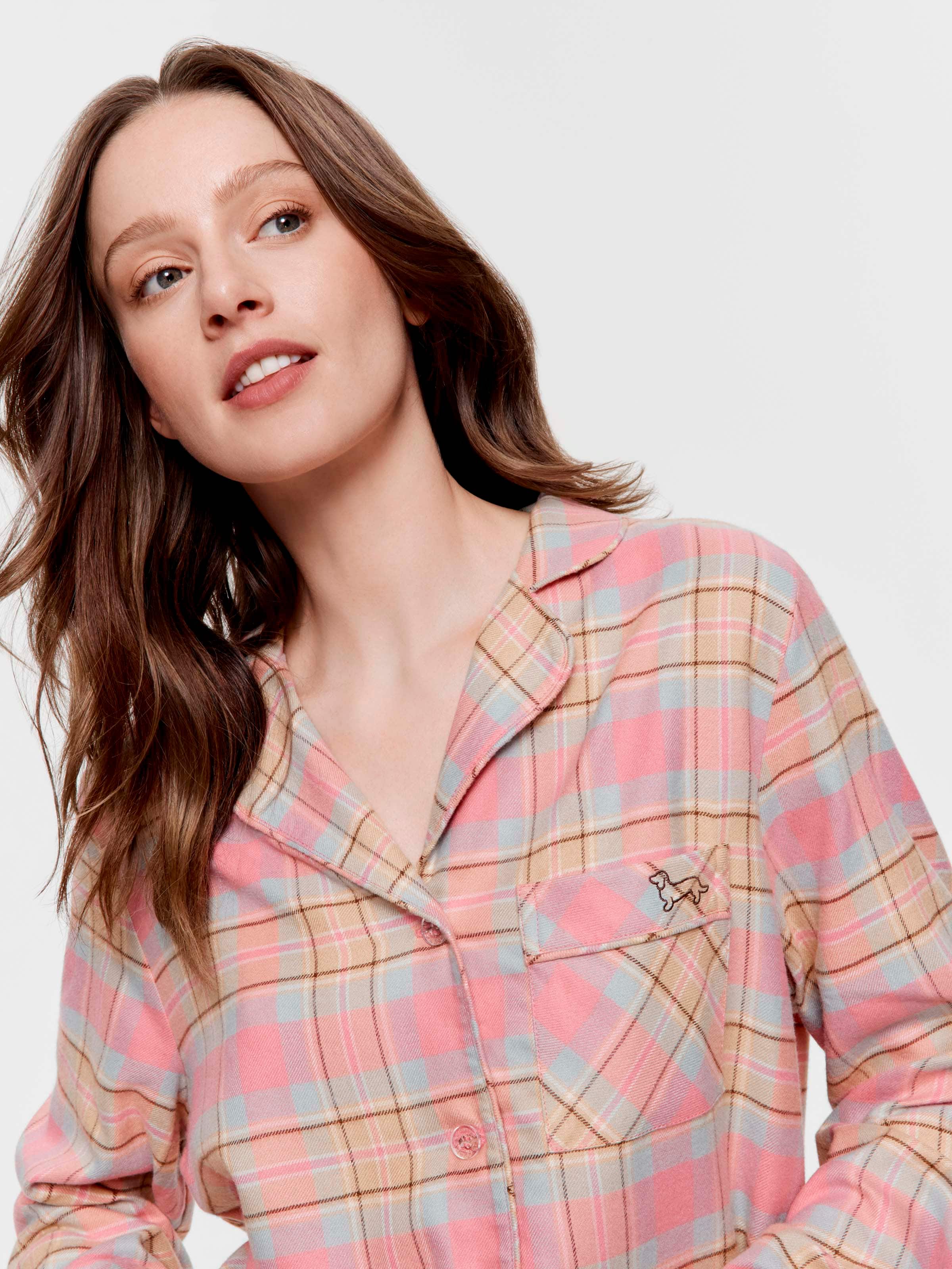 Pink Caramel Check Viscose Flannelette Long Sleeve Boyfriend Shirt