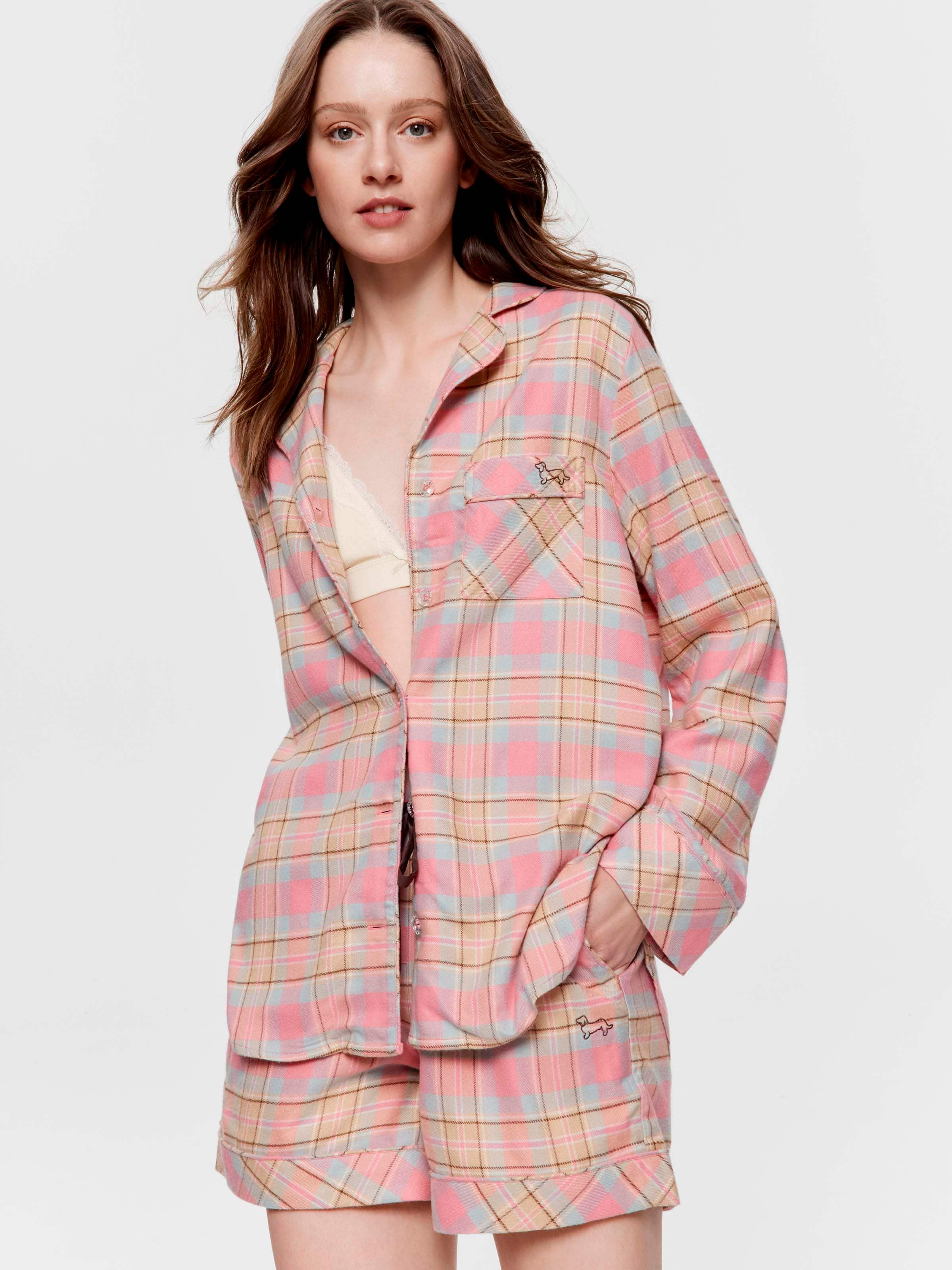Pink Caramel Check Viscose Flannelette Long Sleeve Boyfriend Shirt