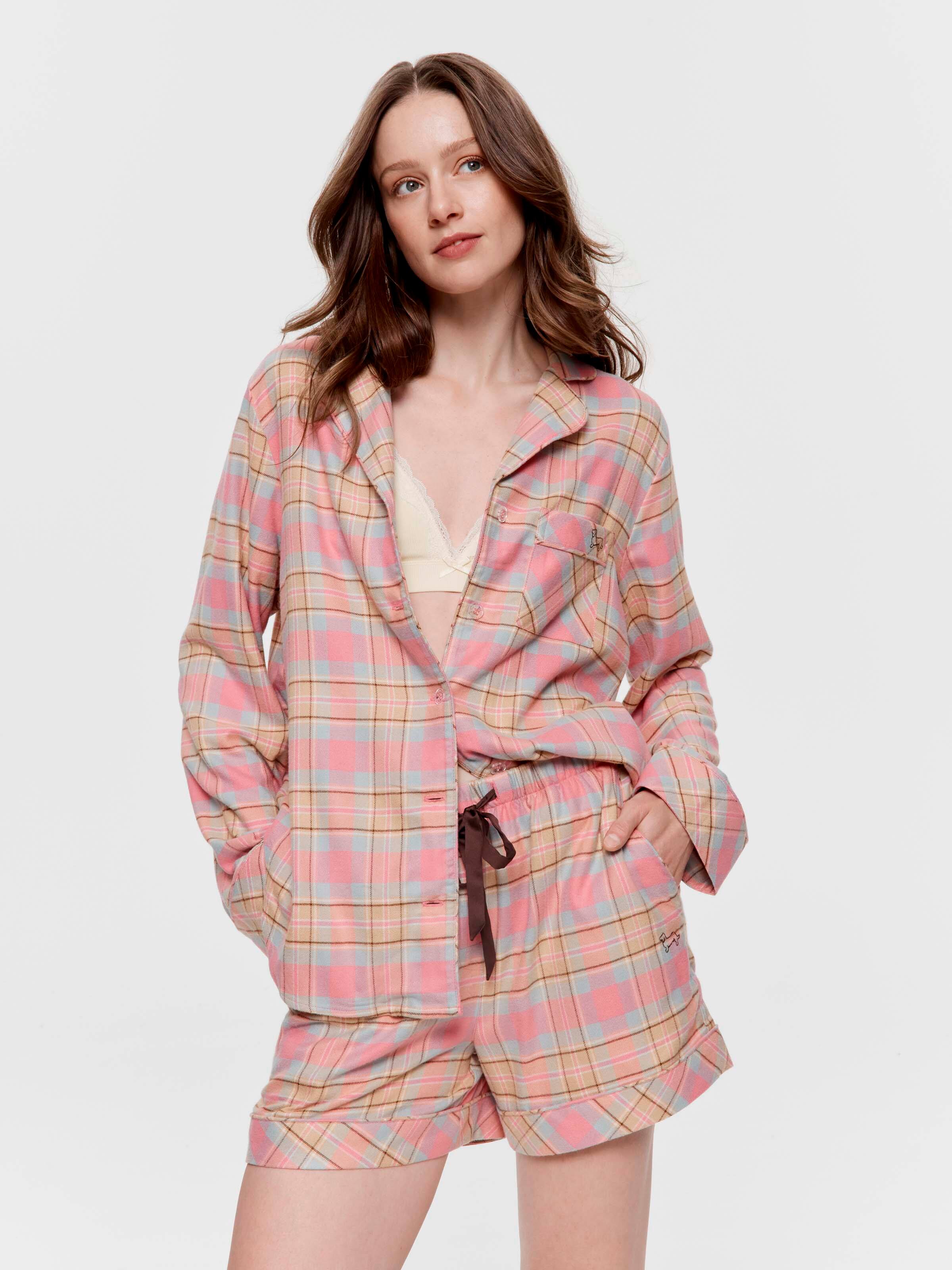 Pink Caramel Check Viscose Flannelette Relaxed Mid Short