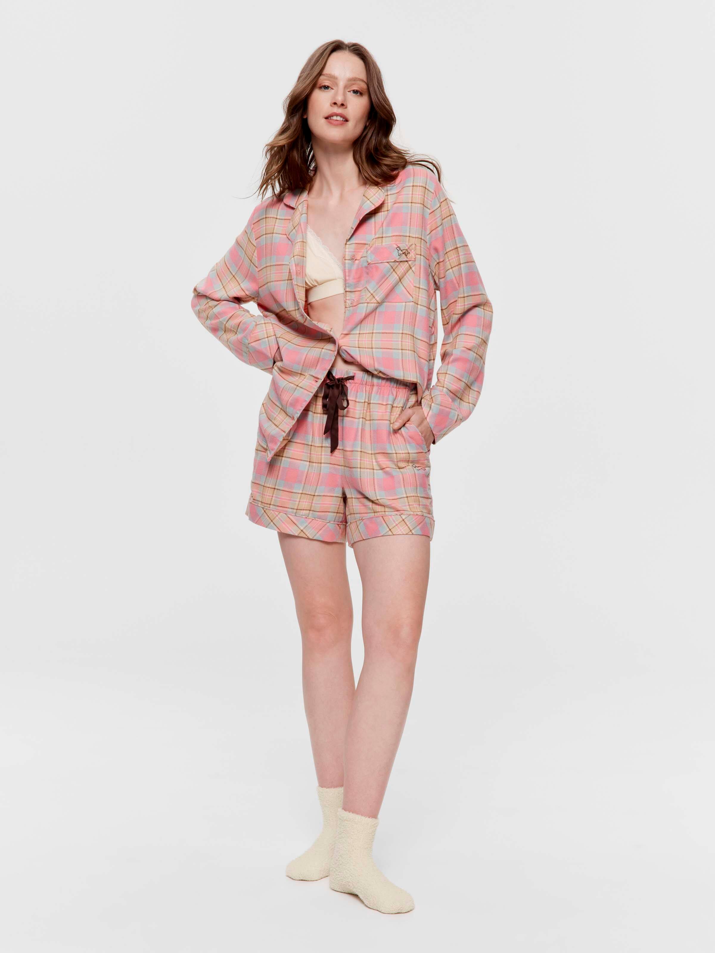 Pink Caramel Check Viscose Flannelette Relaxed Mid Short