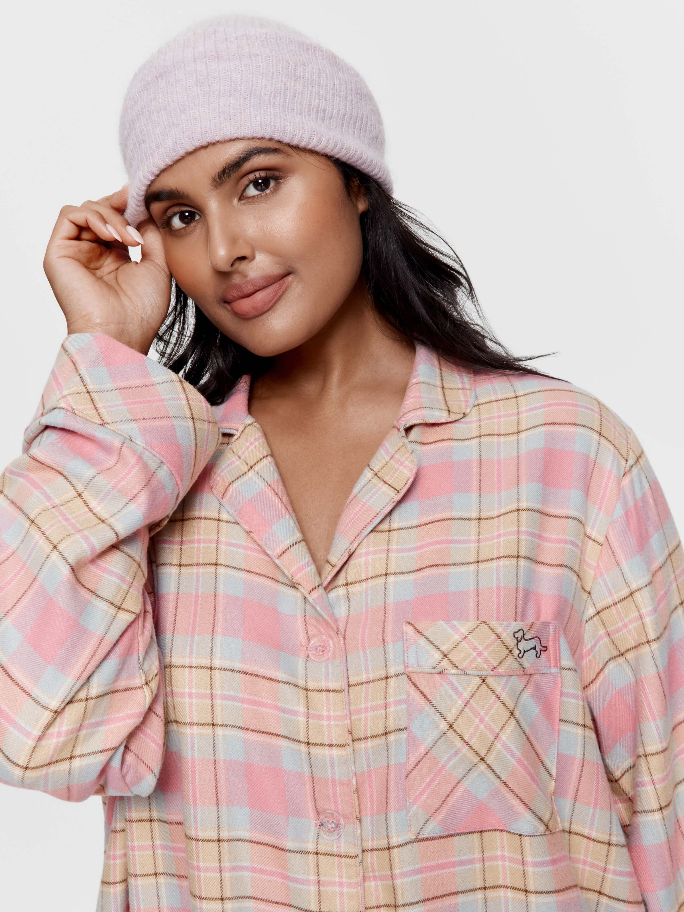 P.A. Plus Pink Caramel Check Viscose Flannelette Long Sleeve Boyfriend Shirt