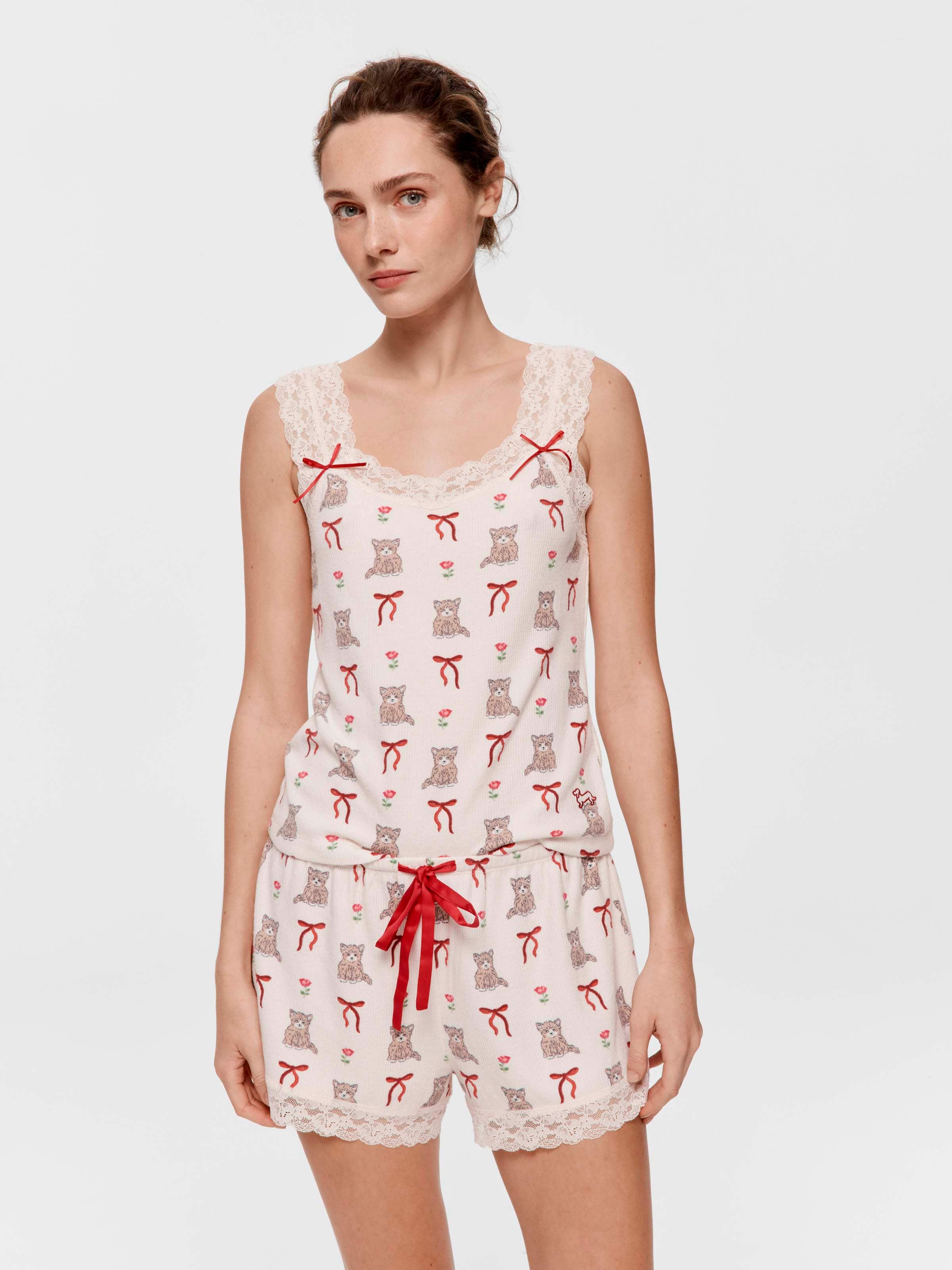 Cute Kitty Cami Waffle Pj Set