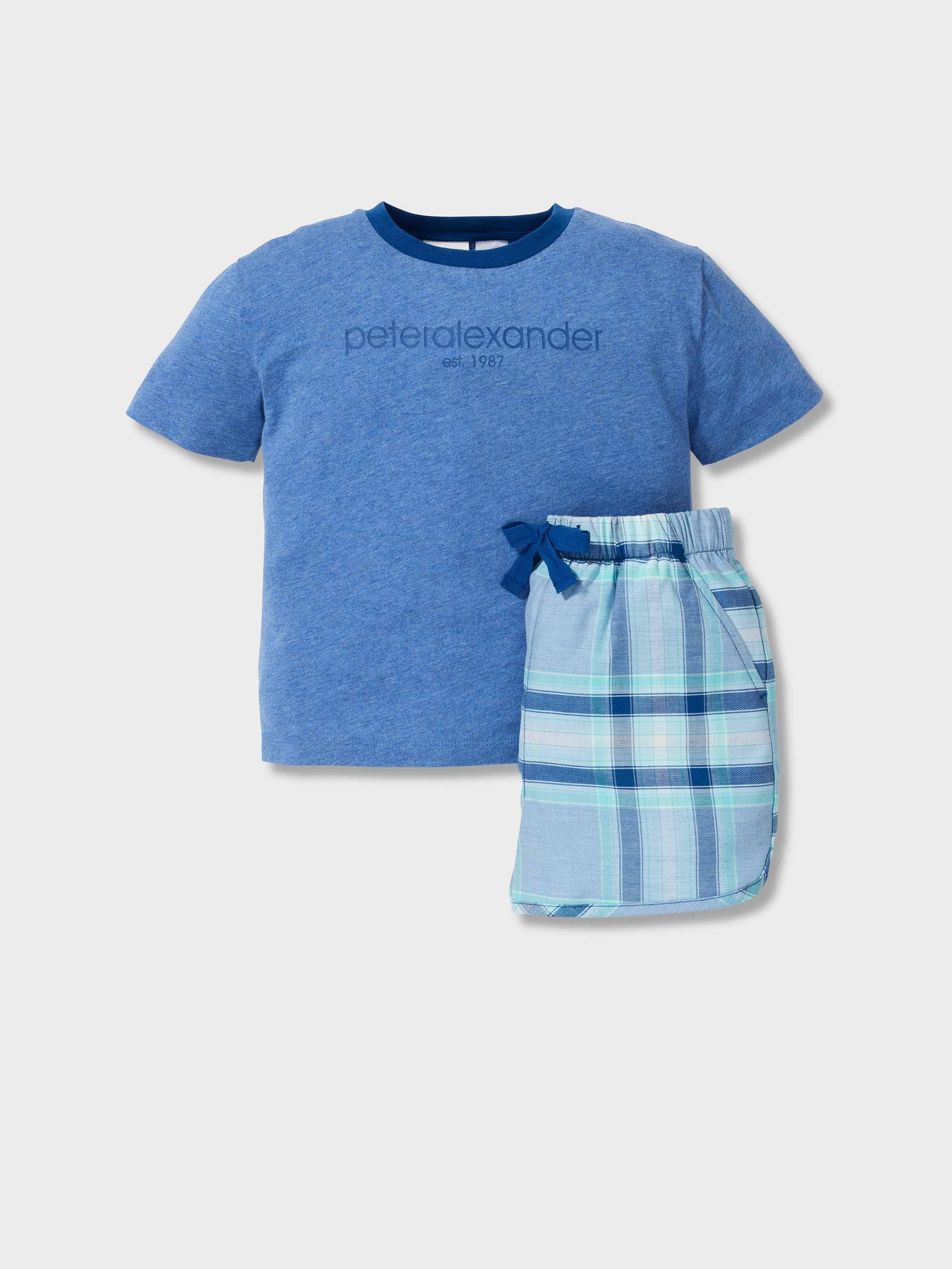 Jnr Boys Blue Check 100% Cotton Short Pj Set