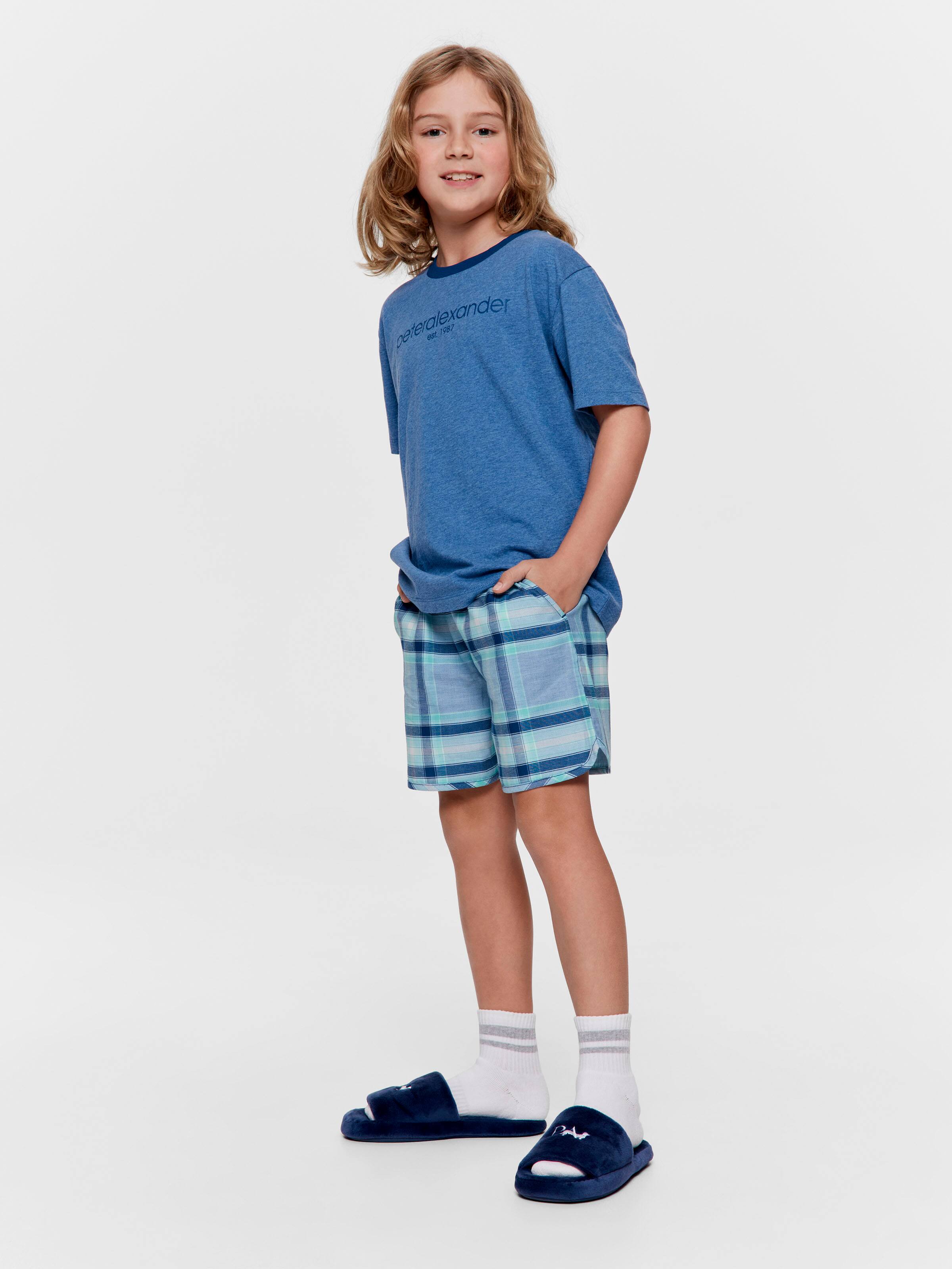 Boys Blue Check 100% Cotton Short Pj Set